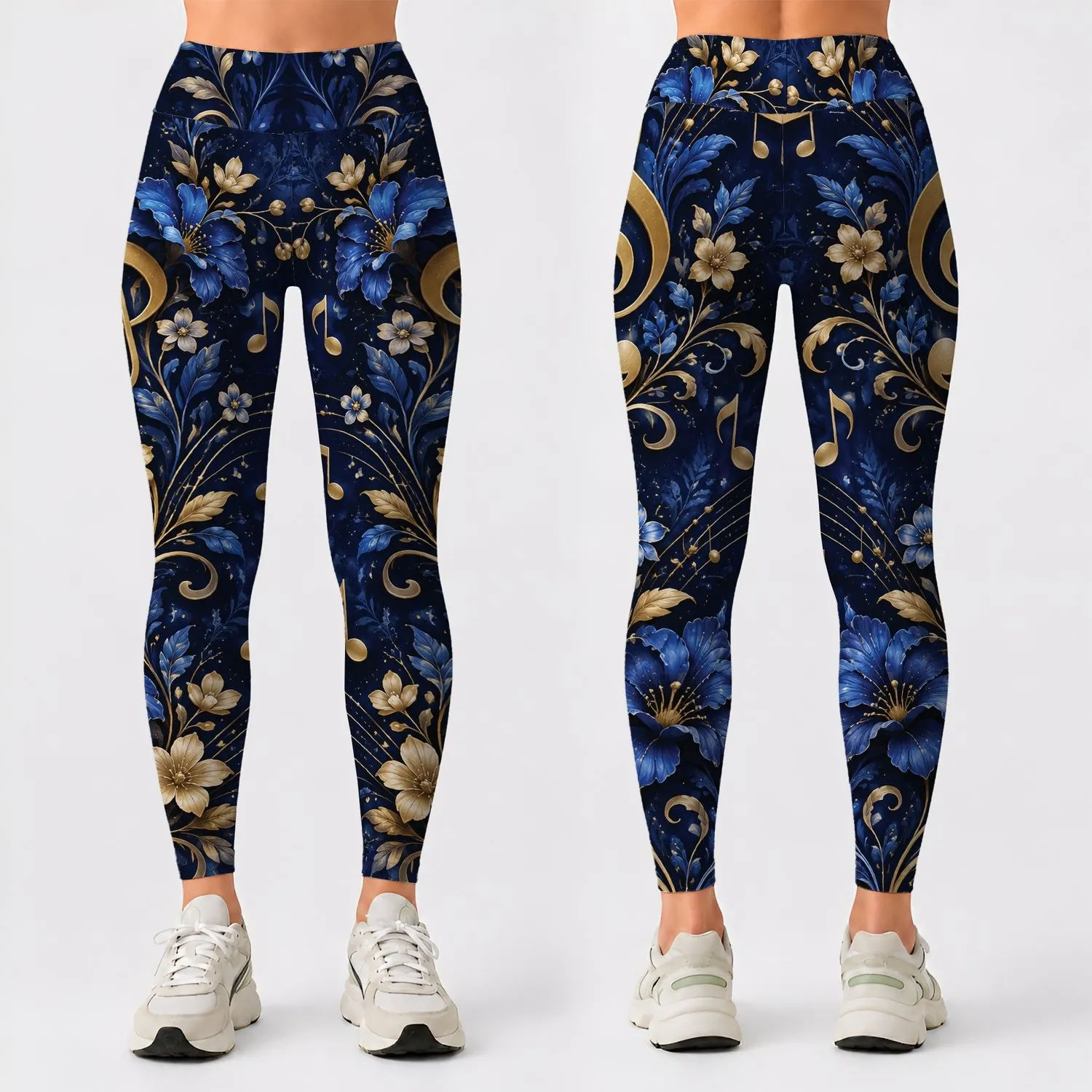 Gold Music Notes and Navy Florals for Elegant Everyday Style Leggings - 1