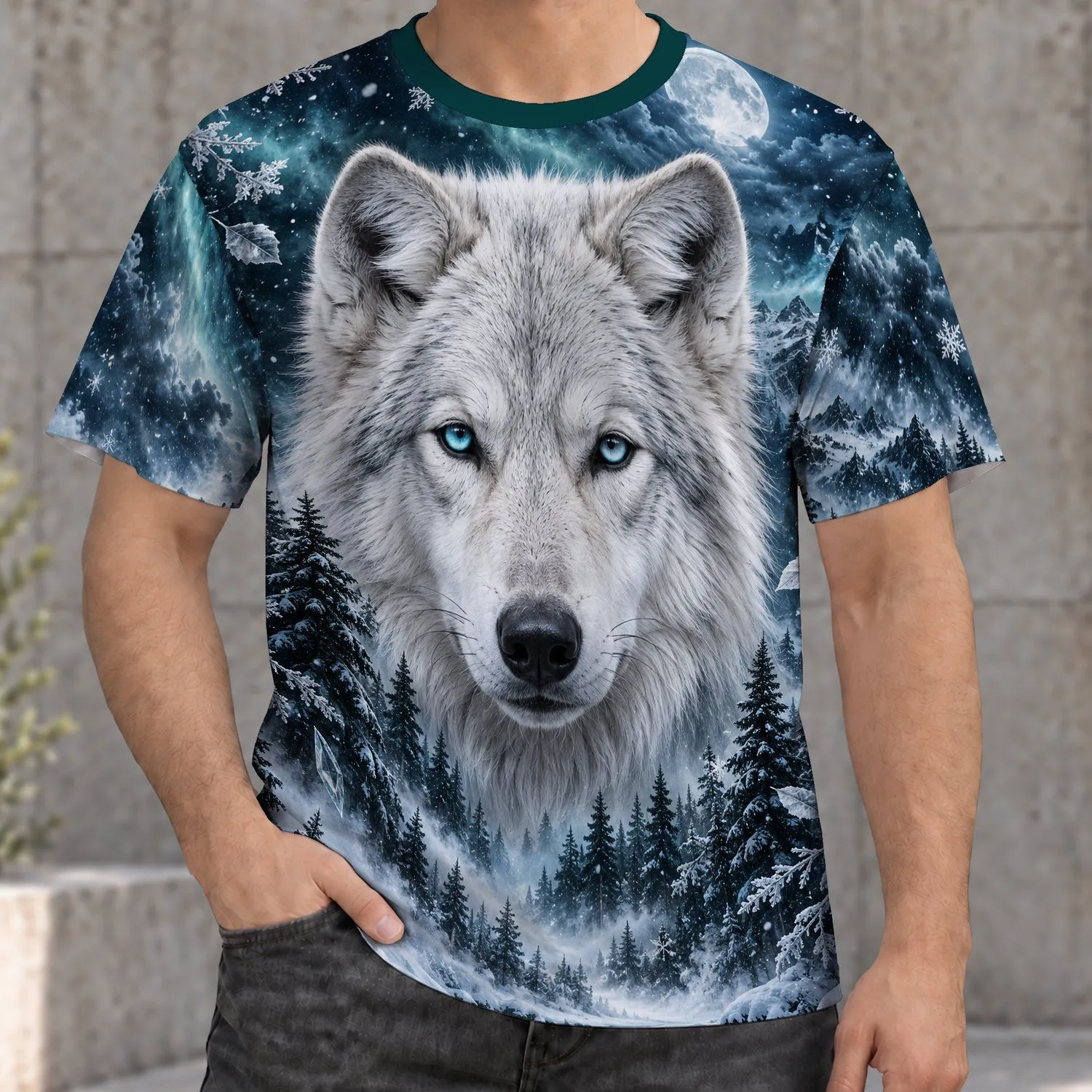 Blue-Eyed Arctic Wolf in Snowy Forest for Winter Outdoor Adventures All-over Print Unisex T-shirt - 1
