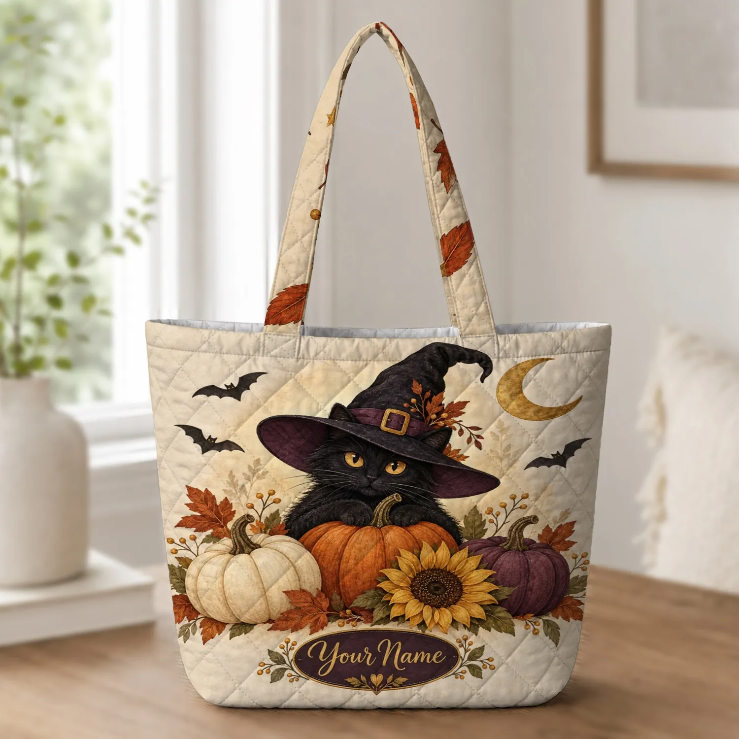 Witch Hat Black Cat and Pumpkins for Spooky Autumn Nights and Halloween Gift Giving Quilted Tote Bag - 1