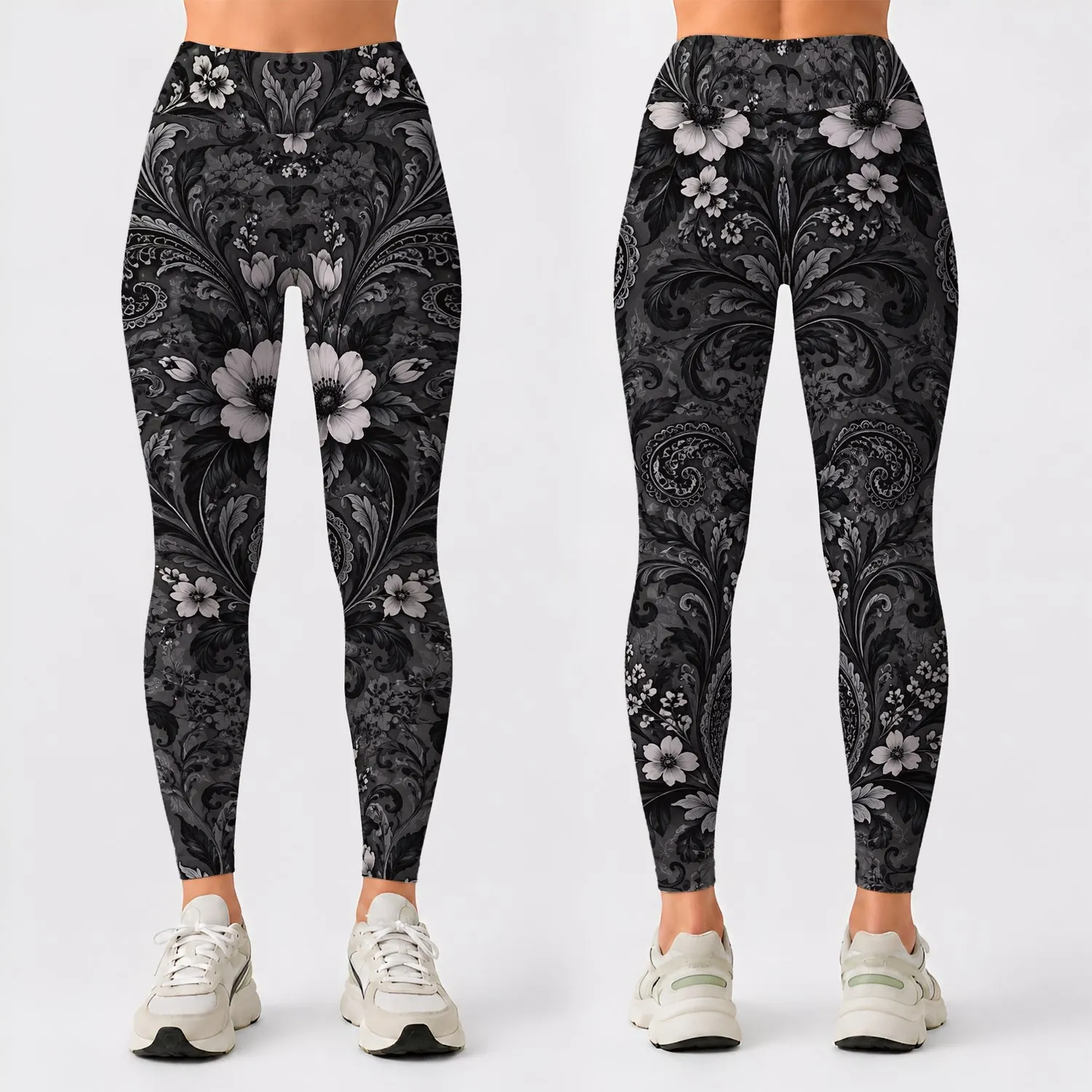 Charcoal Paisley Florals for Everyday Wear and Refined Casual Style Leggings - 1