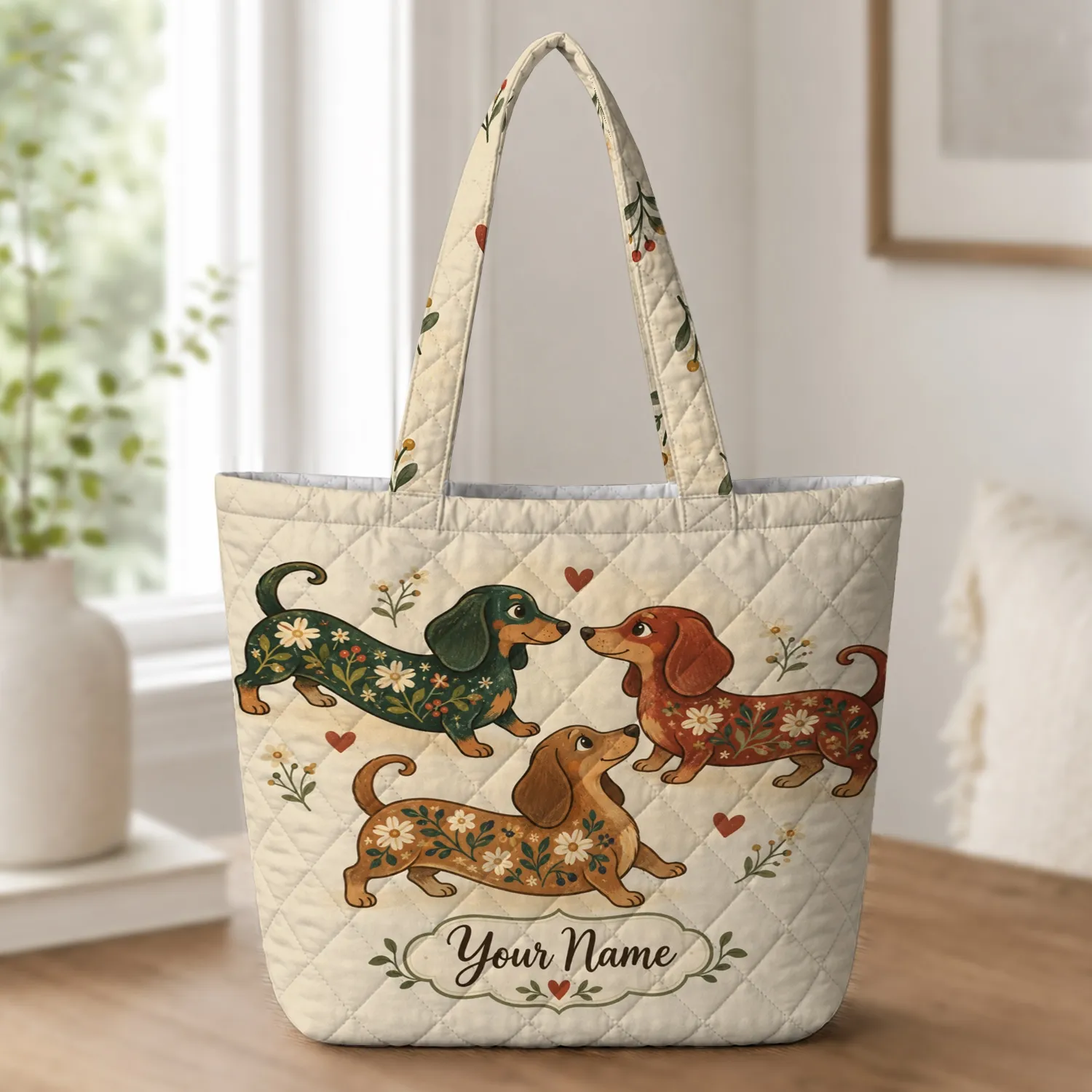 Dachshund Hearts and Wildflowers for Cozy Dog Mom Days, Errands, and Gifting Quilted Tote Bag - 1