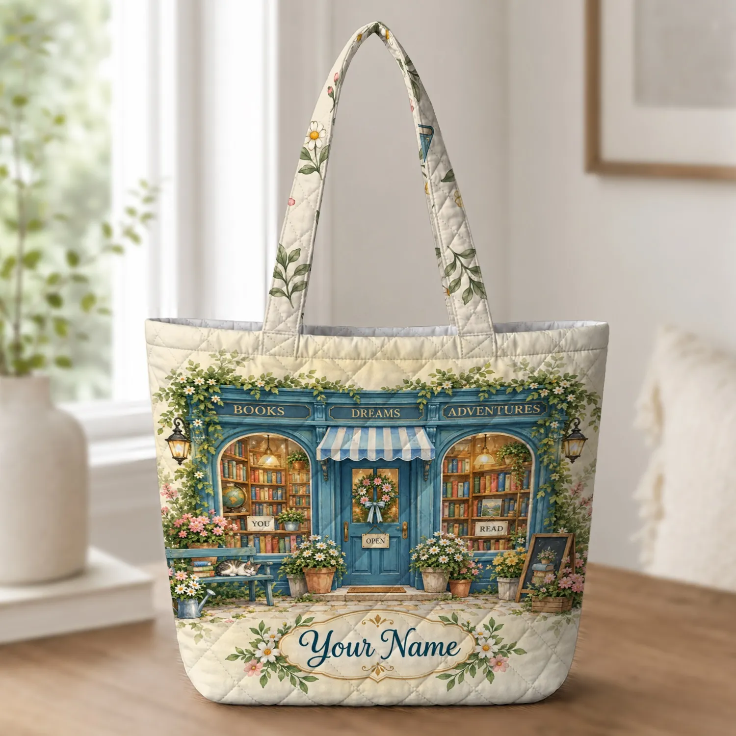 Cottage Bookshop With Flowers For Cozy Reading And Book Lover Gifting Quilted Tote Bag - 1