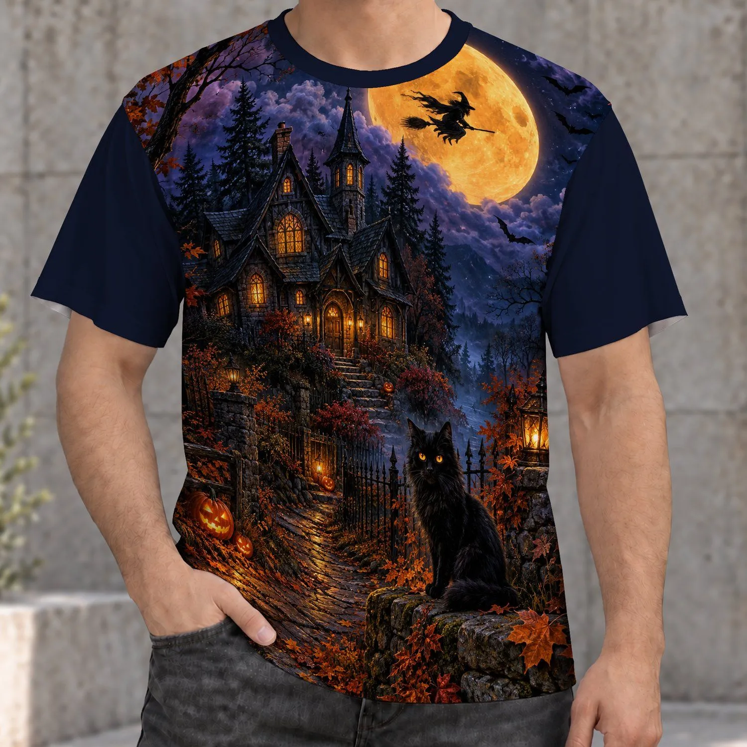 Witch Moon Haunted Cottage and Black Cat for Halloween Night and Autumn Gatherings All-over Print Unisex T-shirt - 1