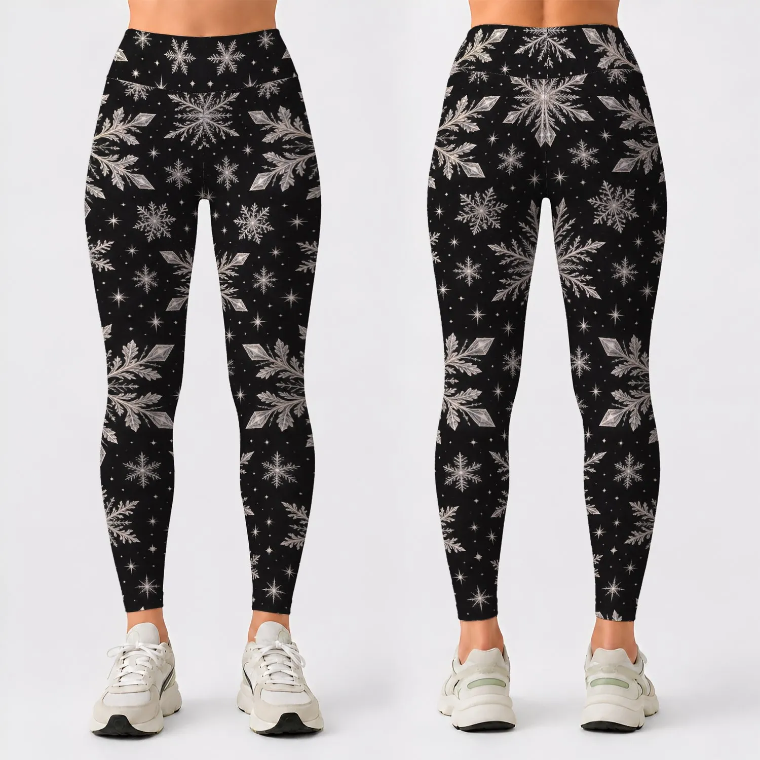 Ivory Snowflakes on Midnight Black for Cozy Winter Days and Festive Getaways Leggings - 1