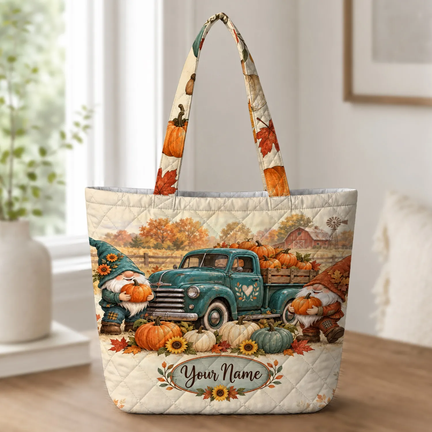 Fall Gnome and Pumpkin Truck for Autumn Thanksgiving Gatherings and Seasonal Gifting Quilted Tote Bag - 1