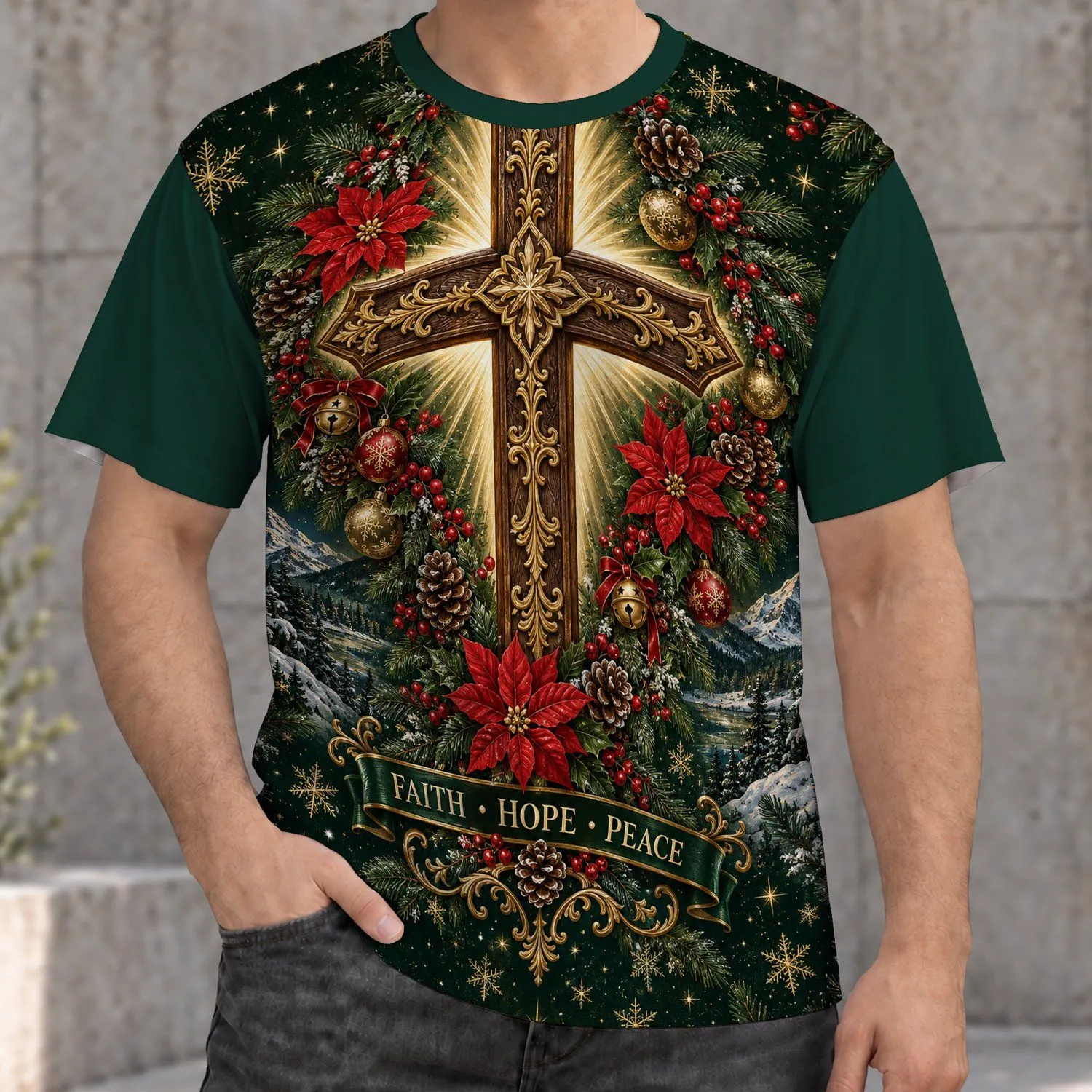 Christmas Cross and Evergreen Wreath for Faith-Filled Holiday Gatherings and Winter Comfort All-over Print Unisex T-shirt - 1