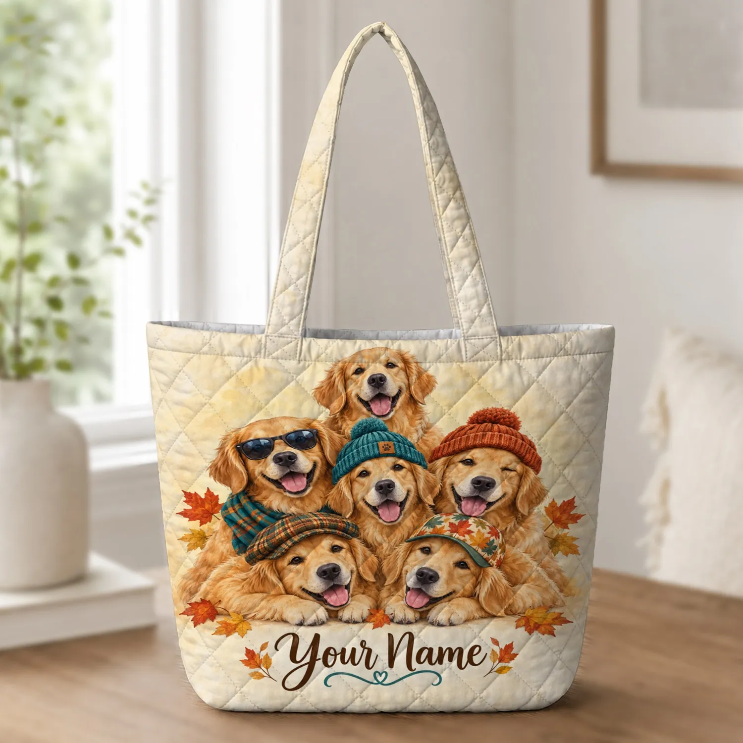 Golden Retriever Friends for Cozy Autumn Walks and Weekend Outings for Dog Lovers Quilted Tote Bag - 1