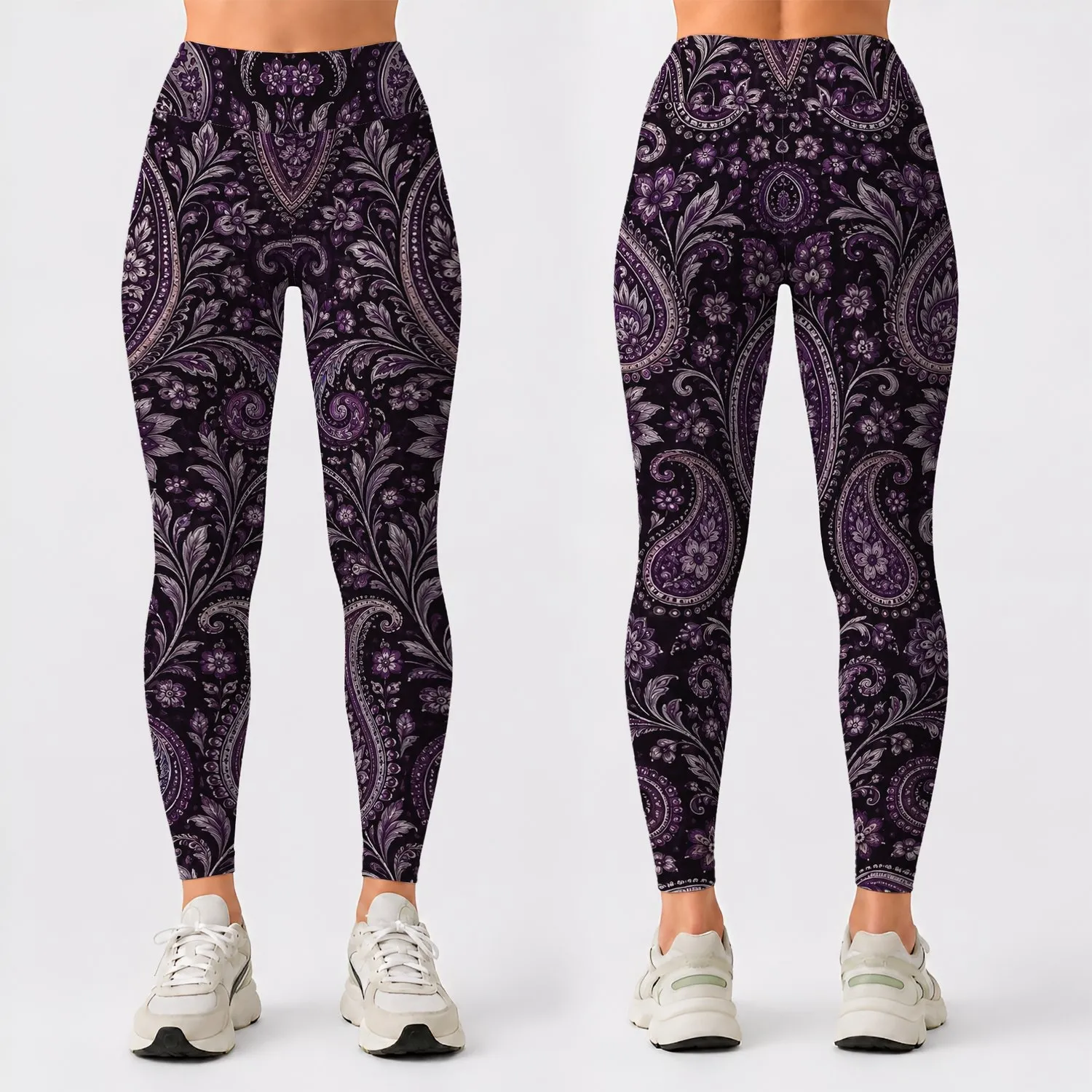 Vintage Purple Paisley Motifs For Bohemian Everyday Style And Casual Wear Leggings - 1