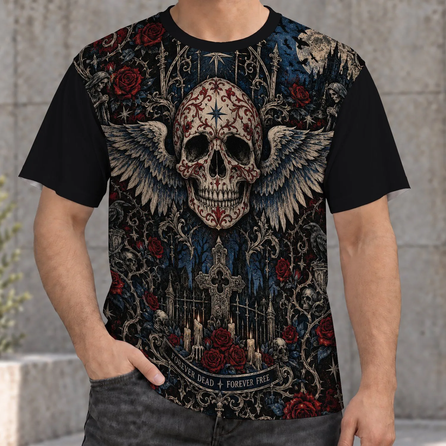 Gothic Winged Skull and Crimson Roses for Halloween and Dark Romantic Style All-over Print Unisex T-shirt - 1