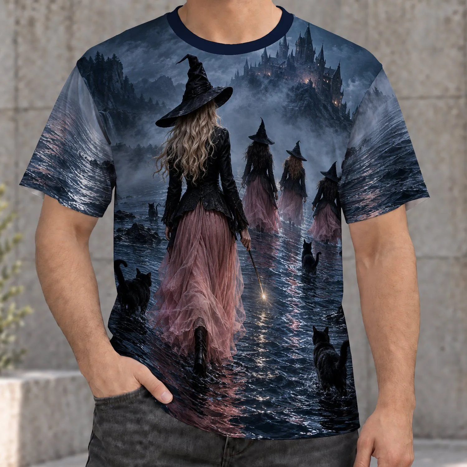 Witches Crossing Moonlit Water for Halloween Night and Autumn Gathering Fans All-over Print Unisex T-shirt - 1