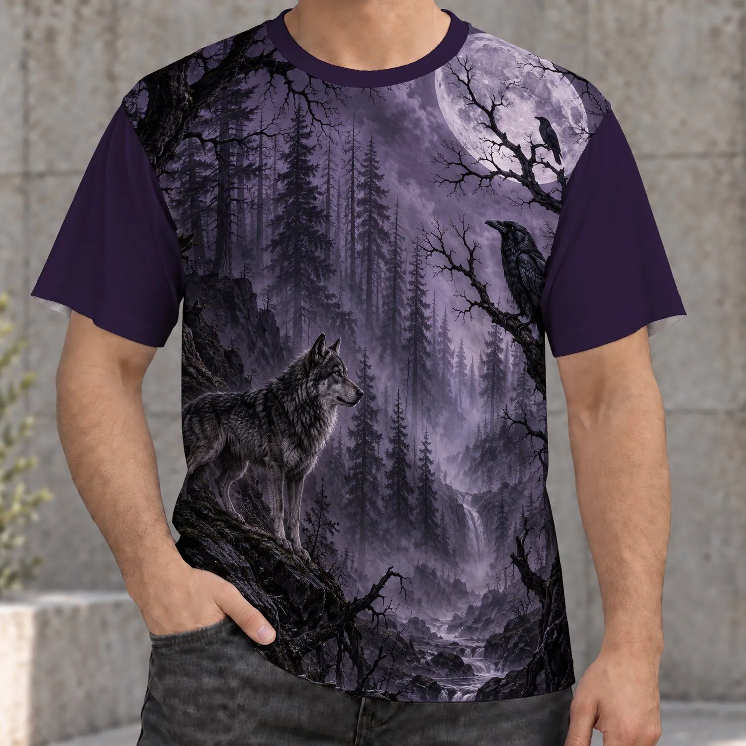 Wolf Raven Moonlit Forest Scene For Gothic Nightlife And Nature Lovers All-over Print Unisex T-shirt - 1