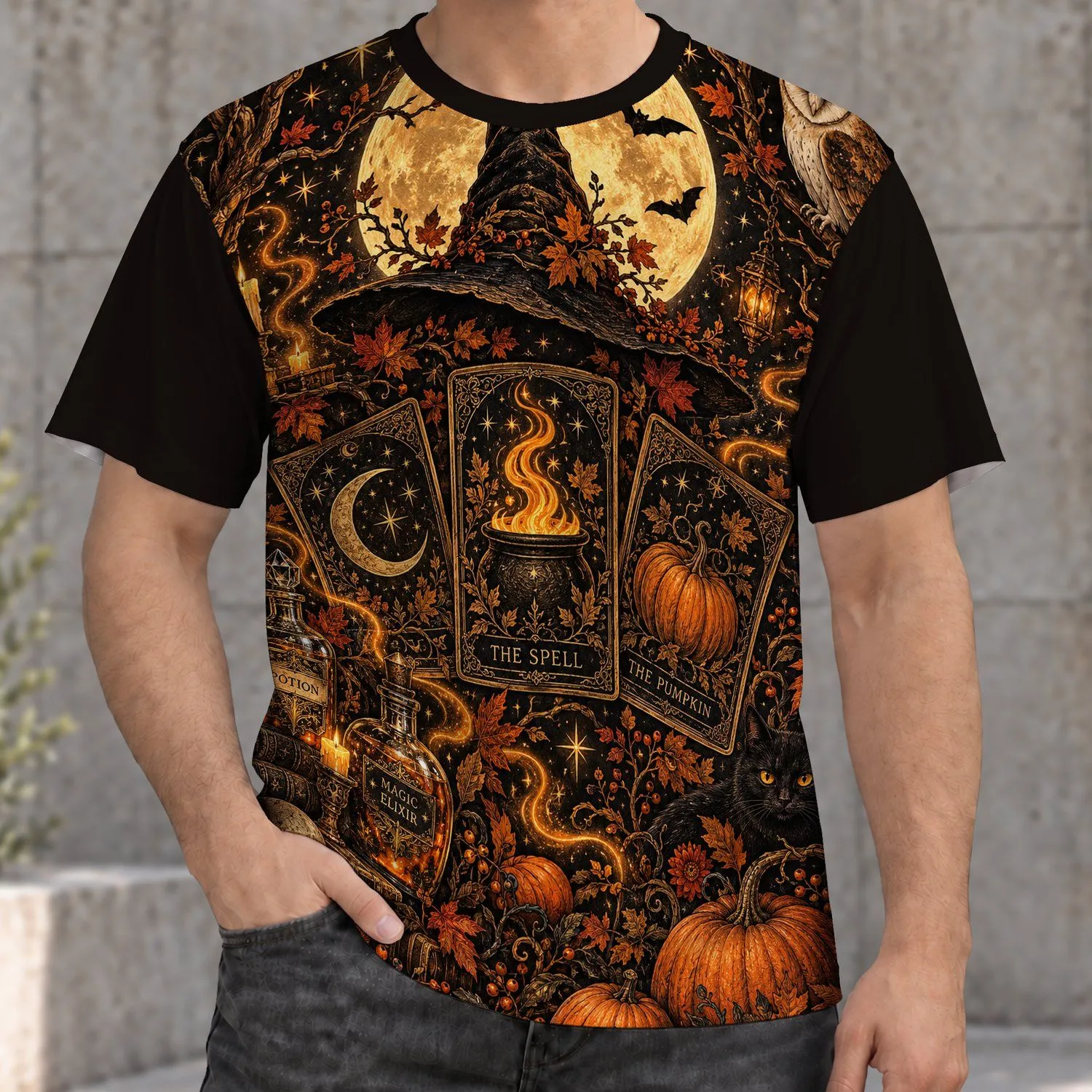 Witch Hat and Moonlit Tarot Cards for Halloween Parties and Enchanted Autumn Nights All-over Print Unisex T-shirt - 1