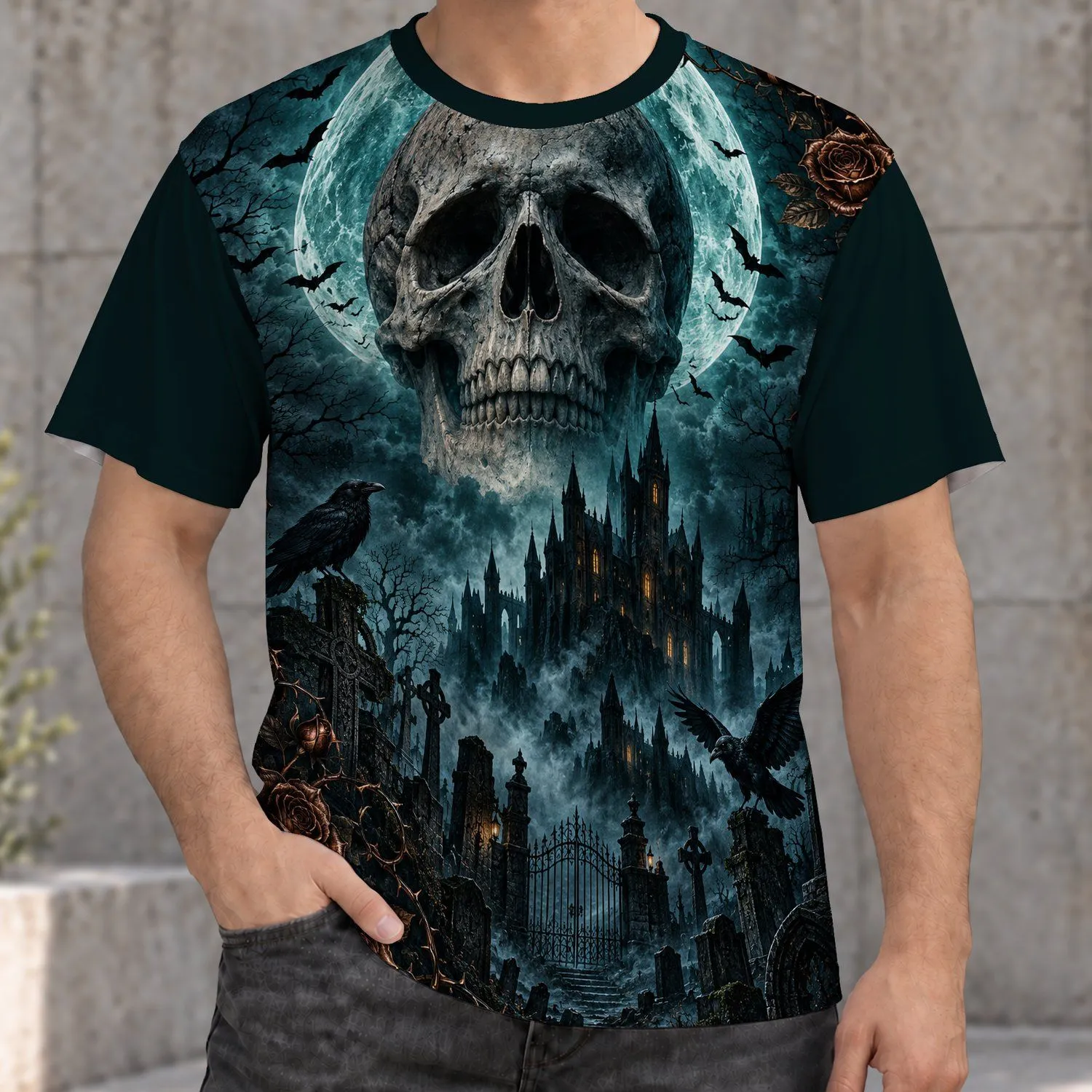 Gothic Skull, Moonlit Castle And Roses For Dark Fantasy Nightlife Style Fans All-over Print Unisex T-shirt - 1