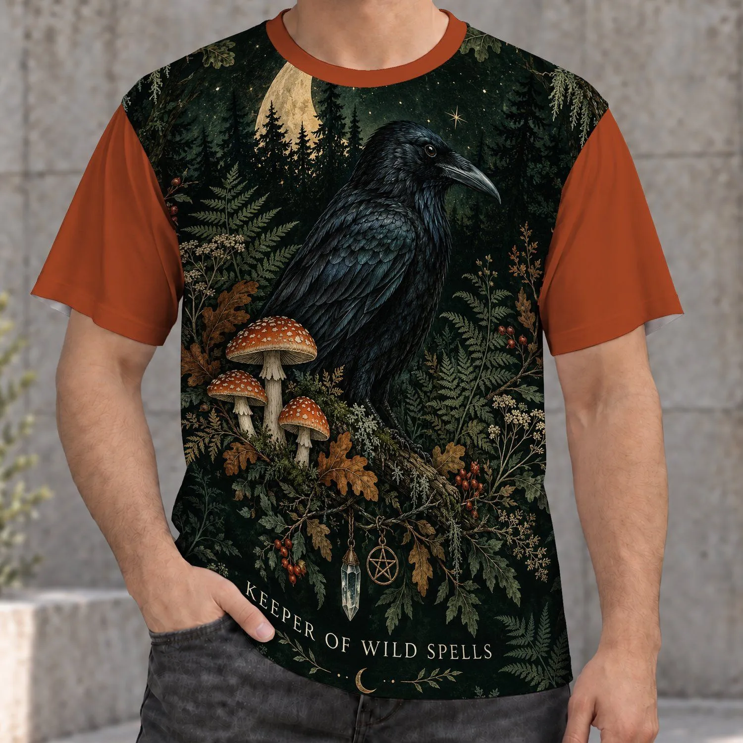Raven Moon Mushroom Woodland Art for Halloween Nights and Bohemian Autumn Style All-over Print Unisex T-shirt - 1