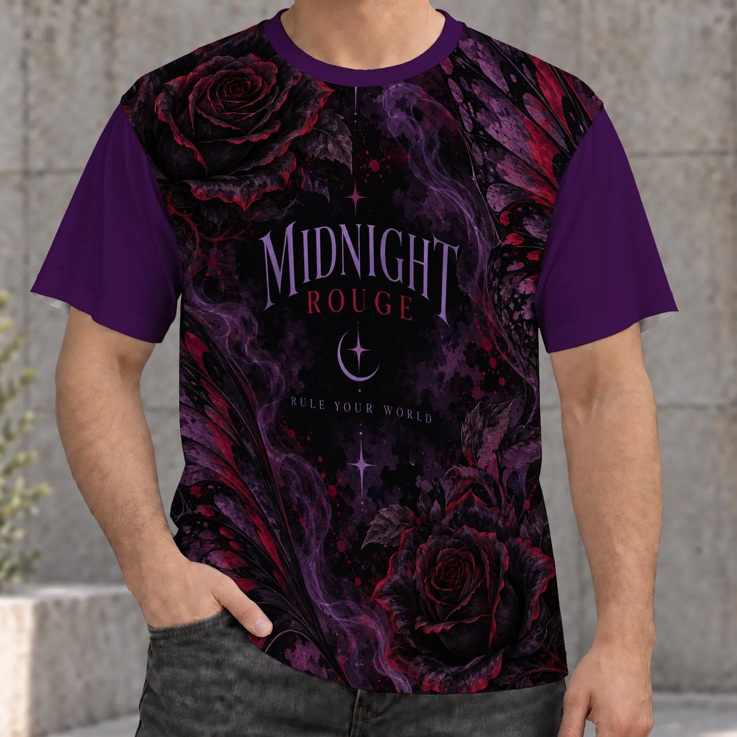 Gothic Rouge Roses and Violet Wings for Midnight Halloween and Dark Romantic Style All-over Print Unisex T-shirt - 1