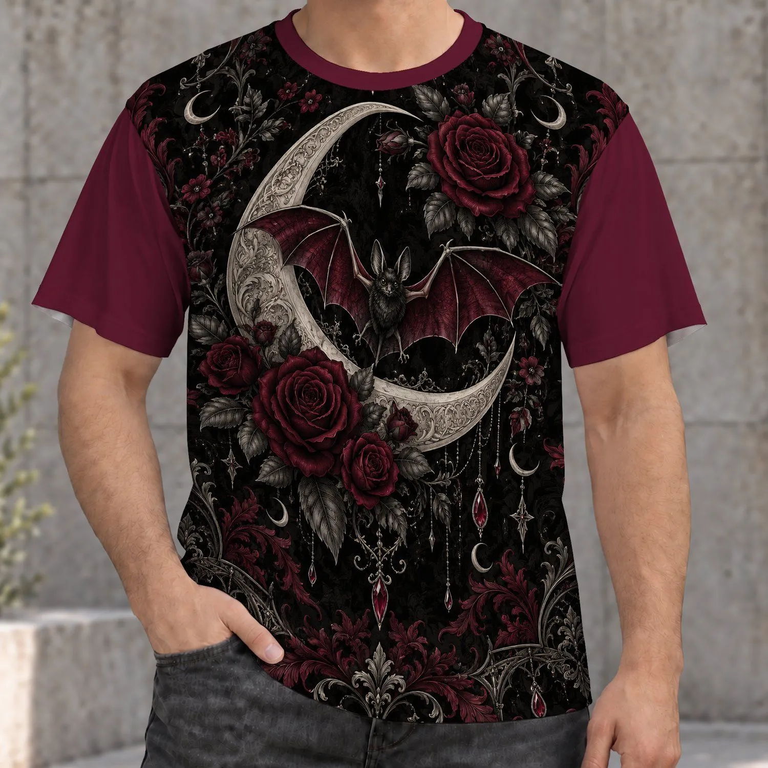 Gothic Bat Crescent Moon and Burgundy Roses for Halloween Night, Dark Romantic Style All-over Print Unisex T-shirt - 1