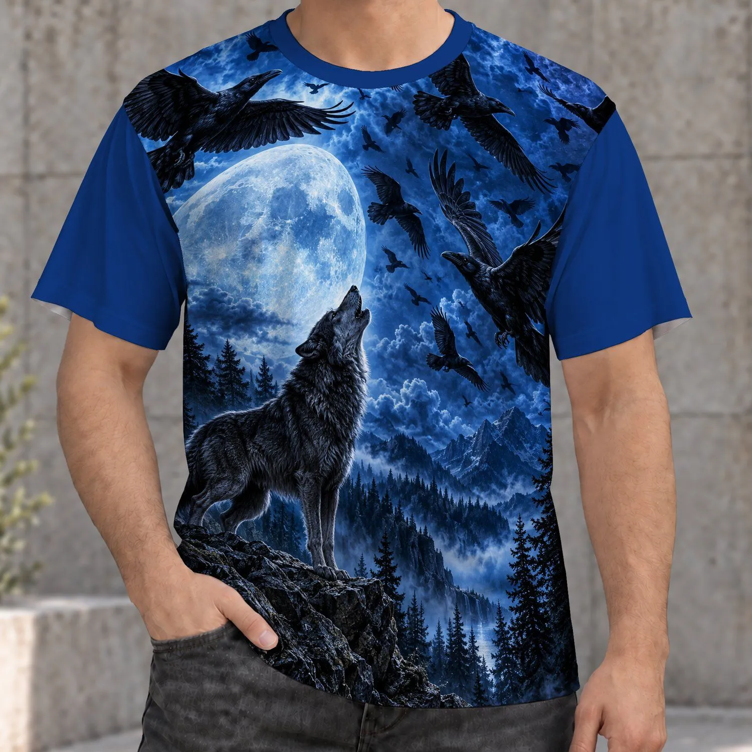 Moonlit Wolf and Raven Forest Scene for Nighttime Nature Lovers and Wildlife Fans All-over Print Unisex T-shirt - 1