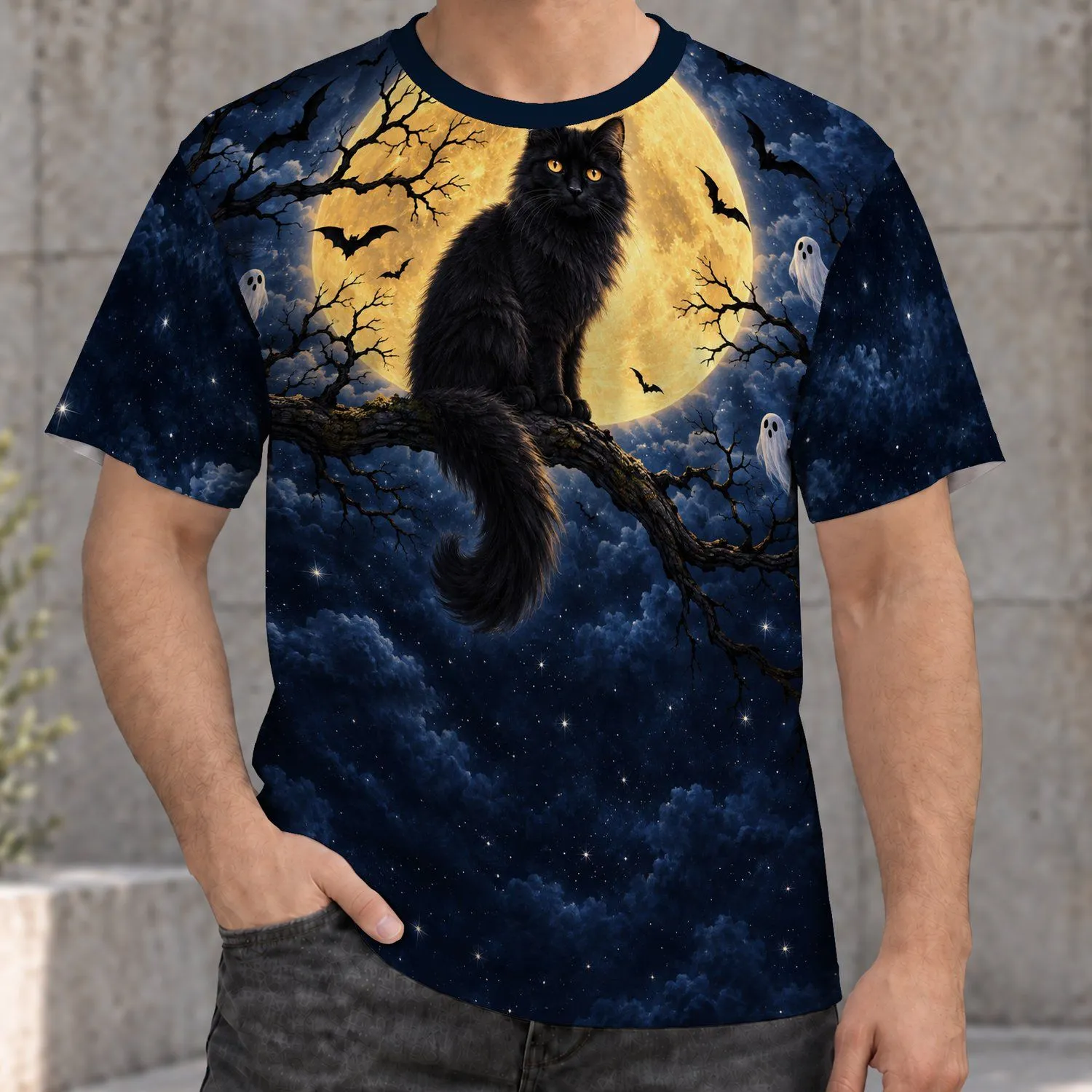 Black Cat Beneath Golden Moon for Spooky Halloween Nighttime Fans All-over Print Unisex T-shirt - 1