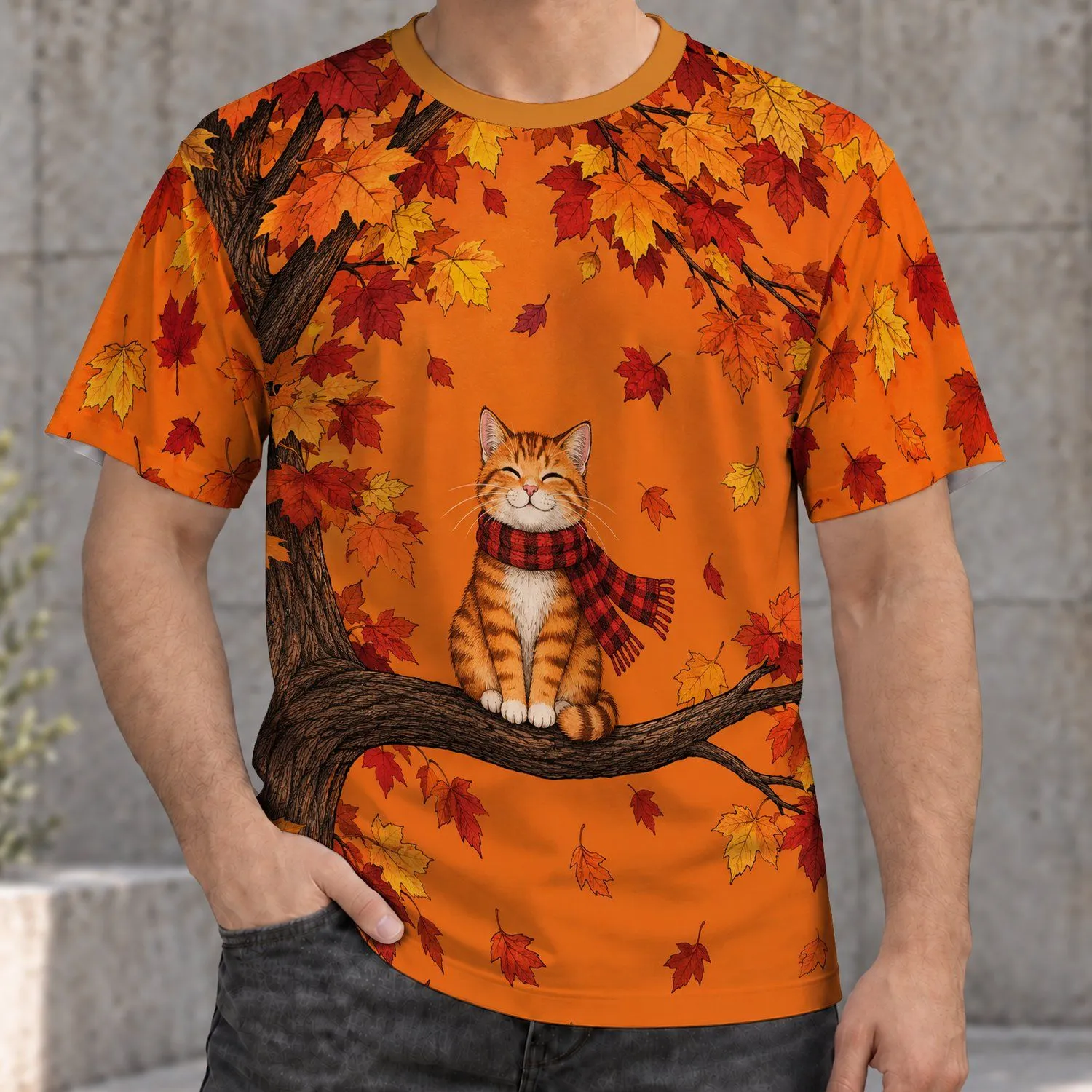 Autumn Maple Leaves And Scarf-Wearing Cat For Cozy Fall Days All-over Print Unisex T-shirt - 1