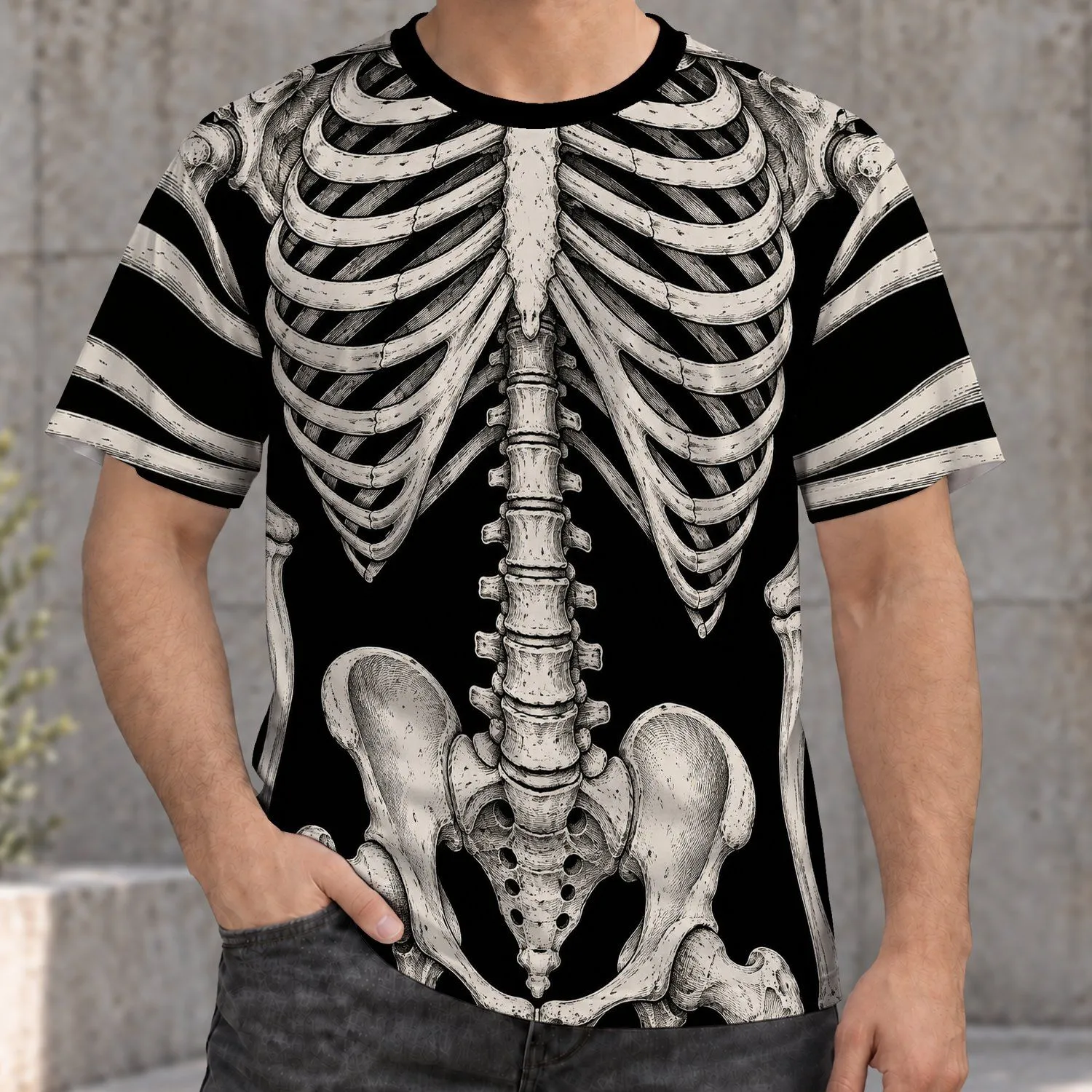 Monochrome Skeleton Ribcage and Bone Anatomy for Halloween Gothic Style Enthusiasts All-over Print Unisex T-shirt - 1
