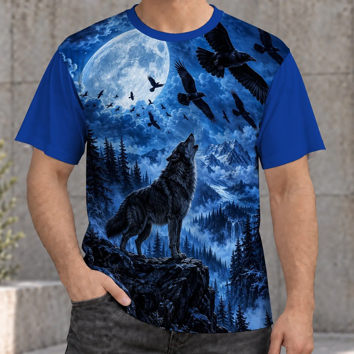 Wolf, Raven and Blue Moon Forest for Nighttime Nature Lovers and Outdoor Enthusiasts All-over Print Unisex T-shirt - 1