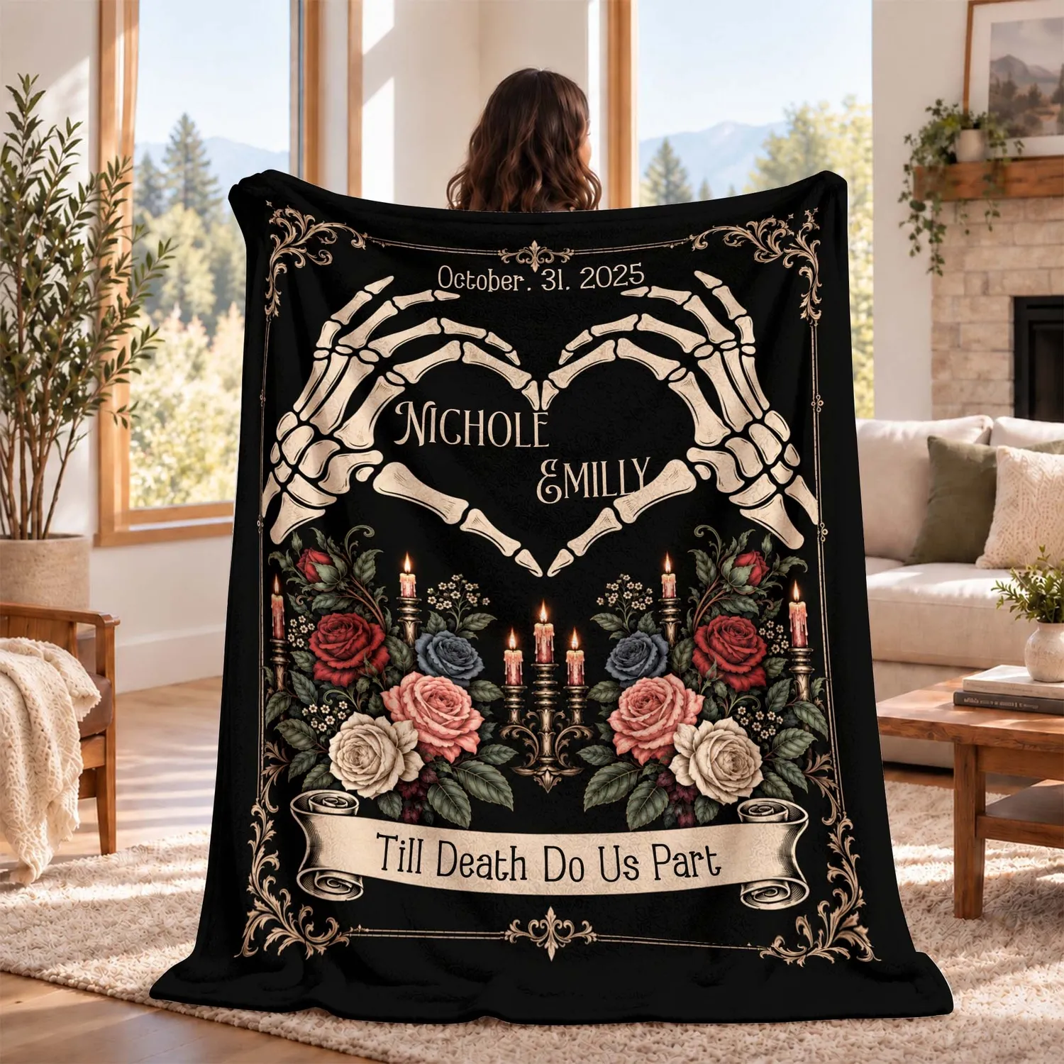 Personalized Skeleton Couple Blanket – Custom Names & Date, Till Death Do Us Part Gothic Wedding Anniversary Halloween Gift - 1