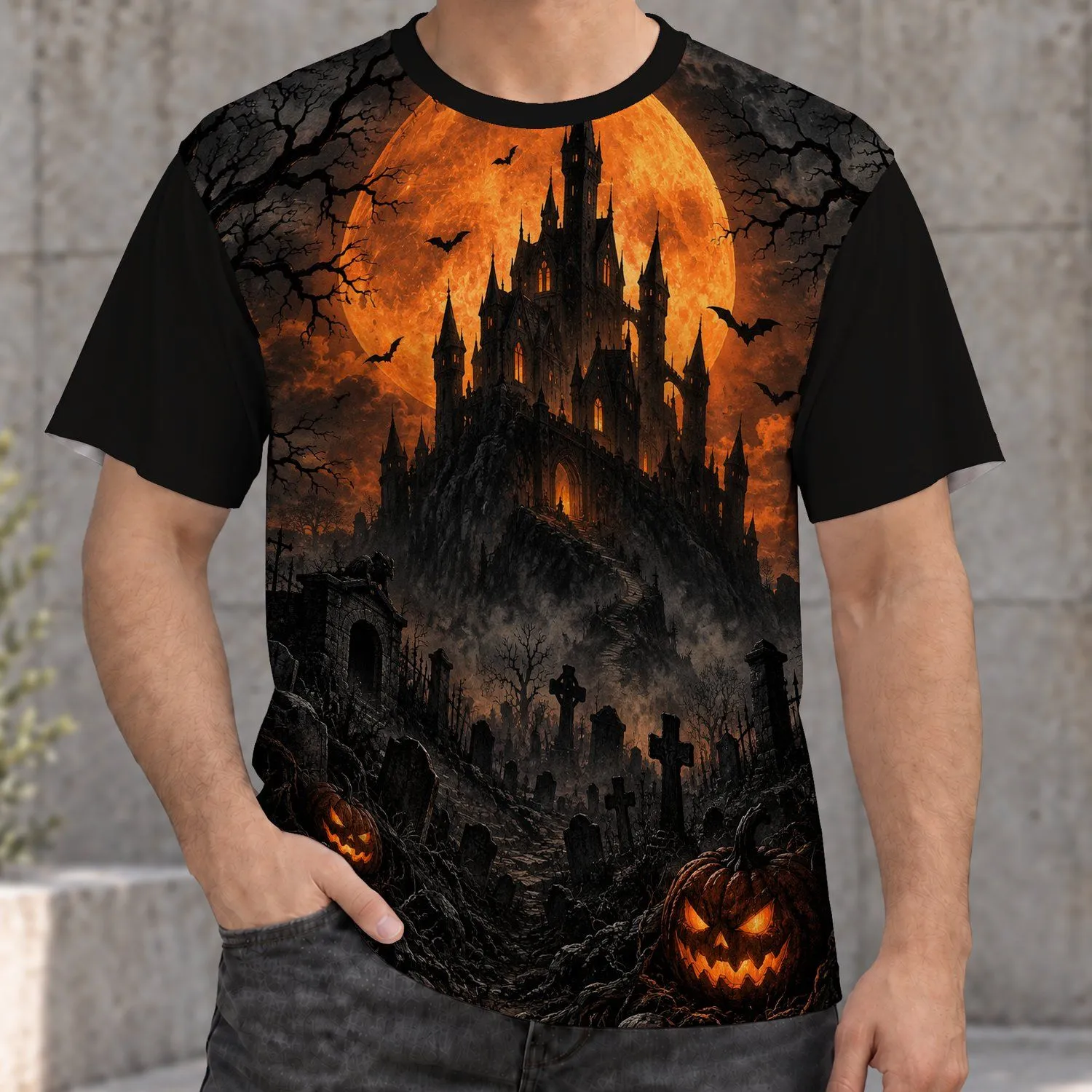 Haunted Pumpkin Castle Under a Blood Moon for Spooky Halloween Nights and Fallwear All-over Print Unisex T-shirt - 1