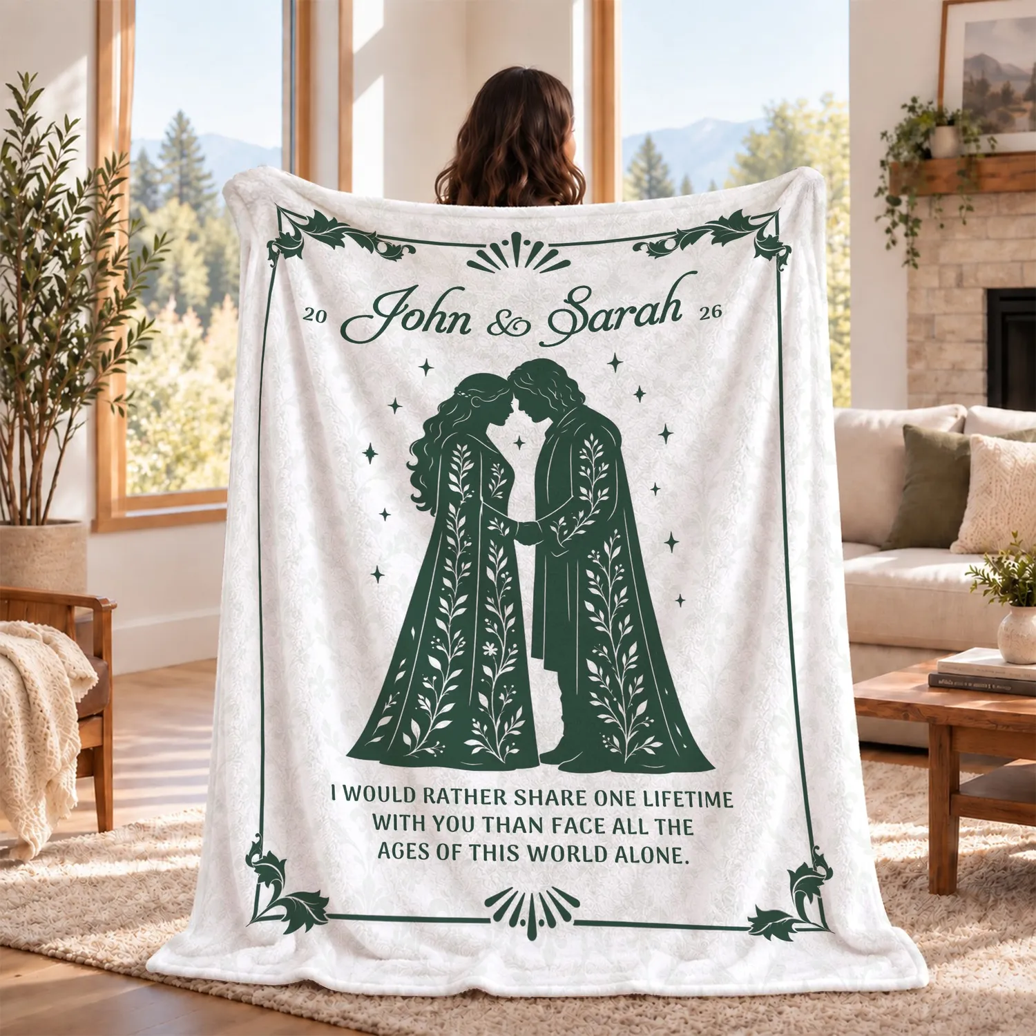 Personalized Couple Names Blanket – Custom Names & Year, Fantasy Elf Wedding Silhouette Bookish Keepsake, Anniversary Gift - 1