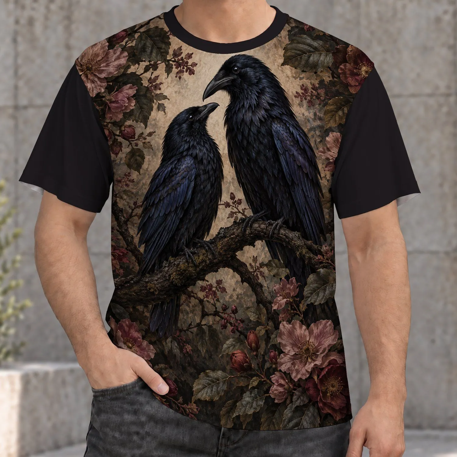 Crow Pair With Moody Florals For Everyday Nature Lovers And Dark Romantic Style Fans All-over Print Unisex T-shirt - 1