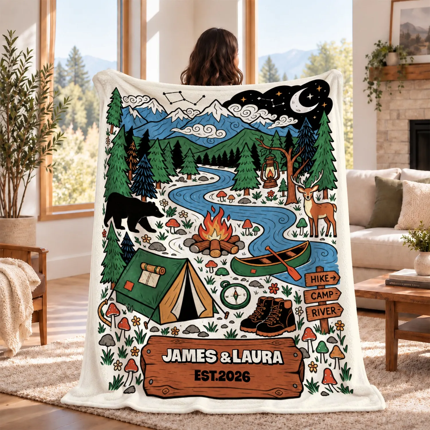 Personalized Couple Camping Blanket – Custom Names & Established Year, Outdoorsy Campfire Mountain Adventure Anniversary Gift - 1