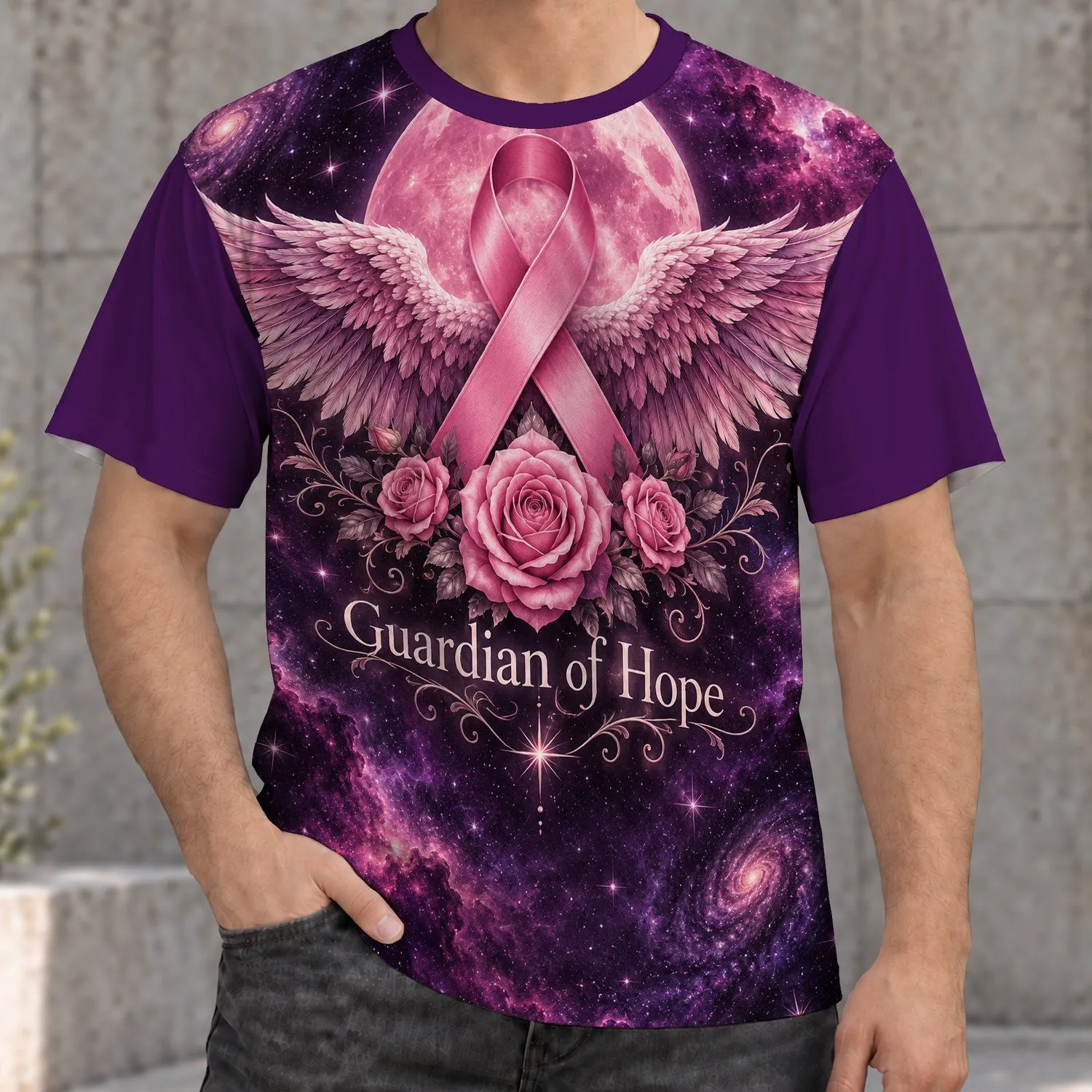 Pink Ribbon Angel Wings and Roses for Breast Cancer Awareness and Survivor Support Gift All-over Print Unisex T-shirt - 1