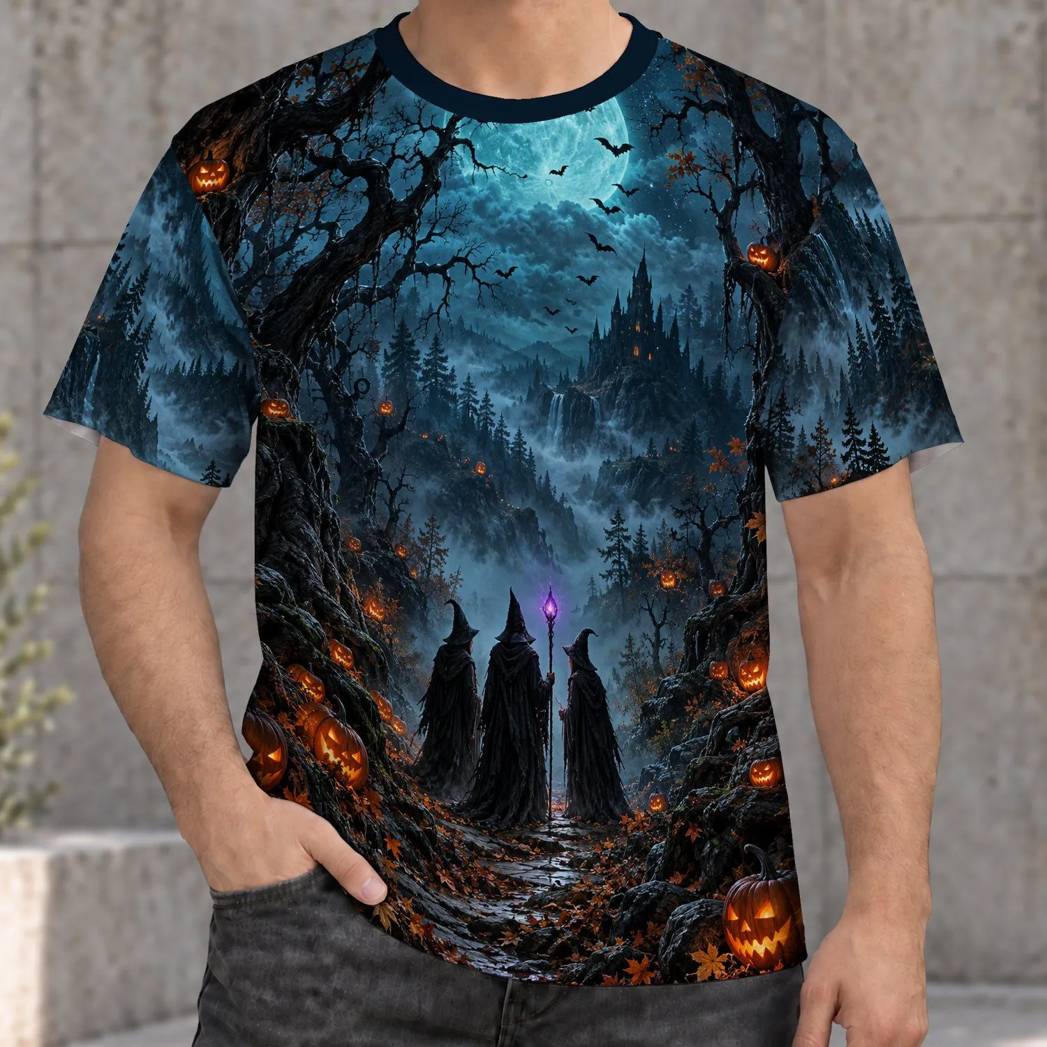 Moonlit Witch Gathering With Glowing Pumpkins For Halloween Night Forest Fans All-over Print Unisex T-shirt - 1