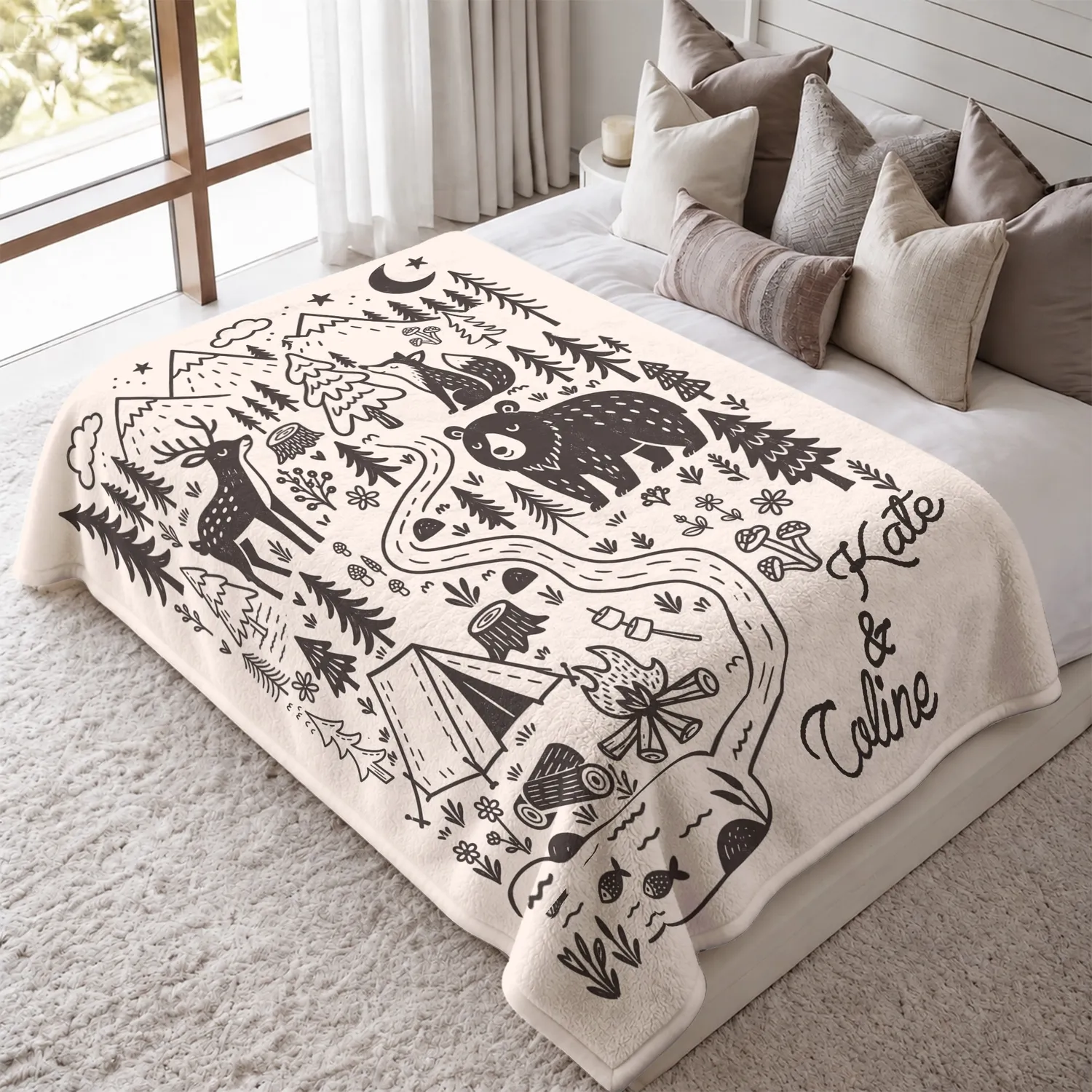 Personalized Camping Blanket – Custom Couple Names, Outdoorsy Forest Animals, 5 Colors, Nature Lover Anniversary Gift - 1