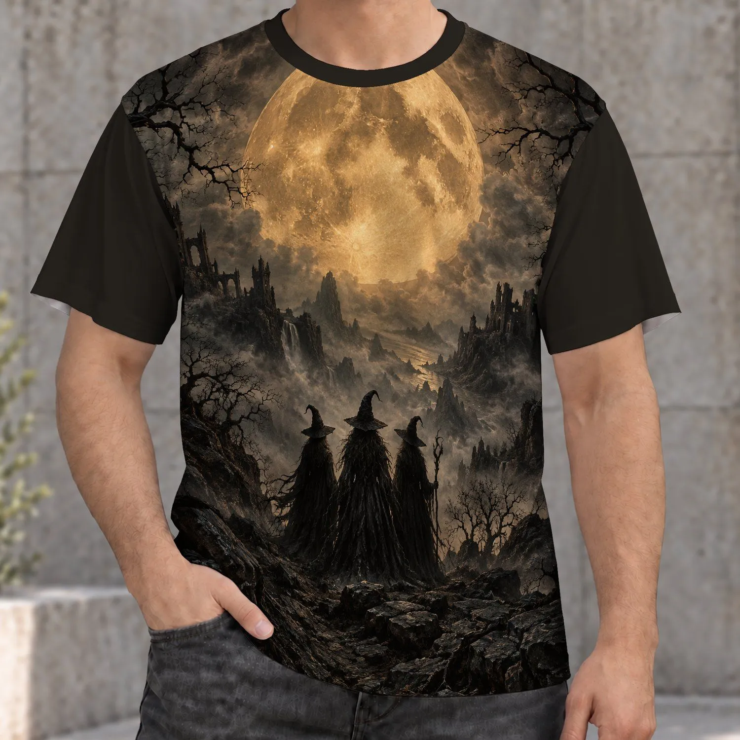 Moonlit Witch Silhouettes for Halloween Nights and Spooky Autumn Gatherings All-over Print Unisex T-shirt - 1