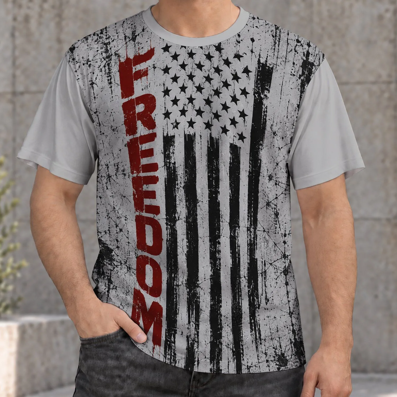 Distressed American Flag and Freedom Motif for Patriotic Holidays and Casual Wear All-over Print Unisex T-shirt - 1
