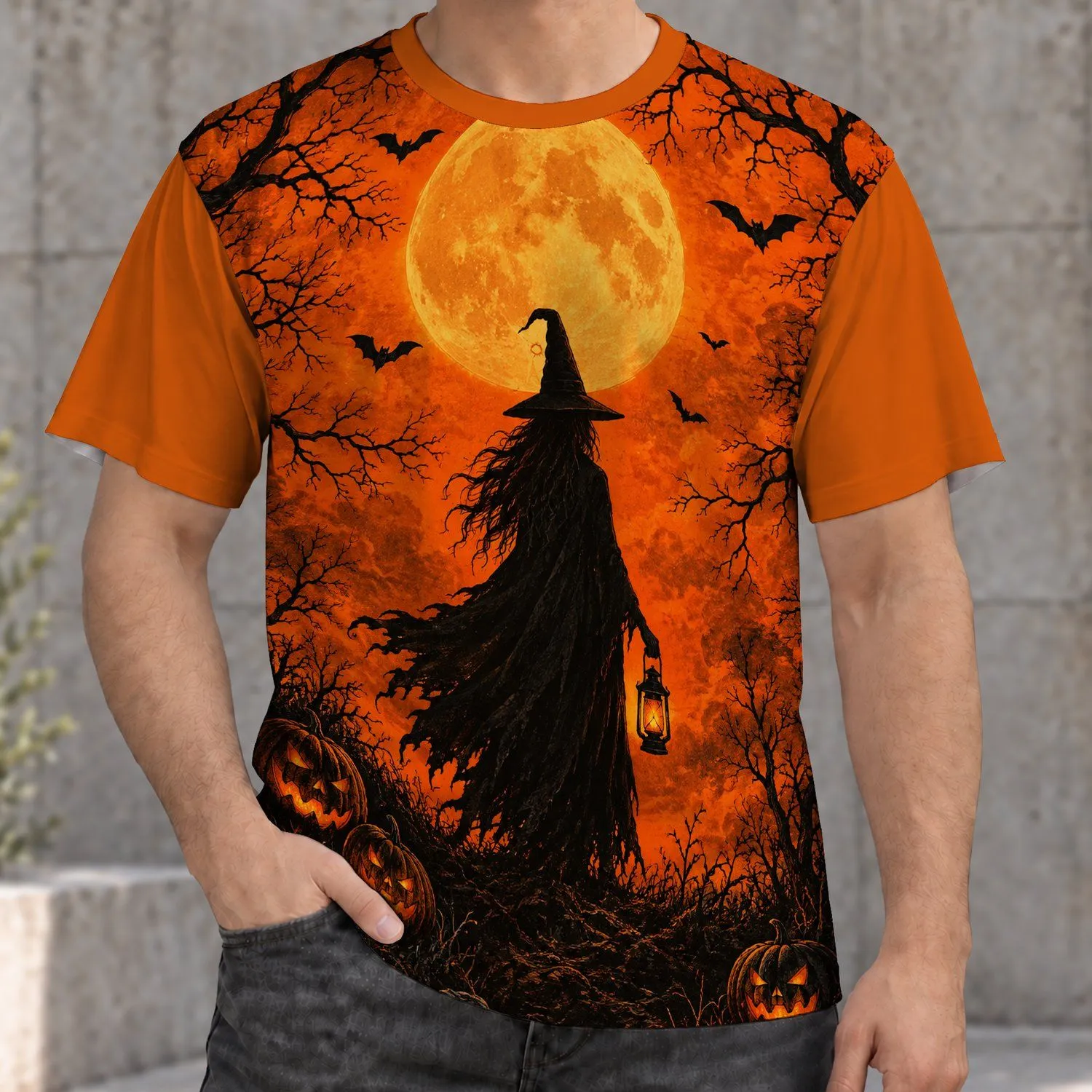 Lantern Witch Beneath a Harvest Moon for Halloween Night Celebrations and Autumn Gatherings All-over Print Unisex T-shirt - 1