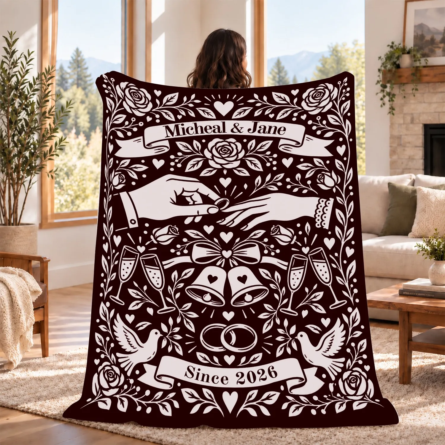 Personalized Wedding Blanket – Custom Couple Names & Year, Boho Folk Art Engagement Anniversary Keepsake Gift - 1