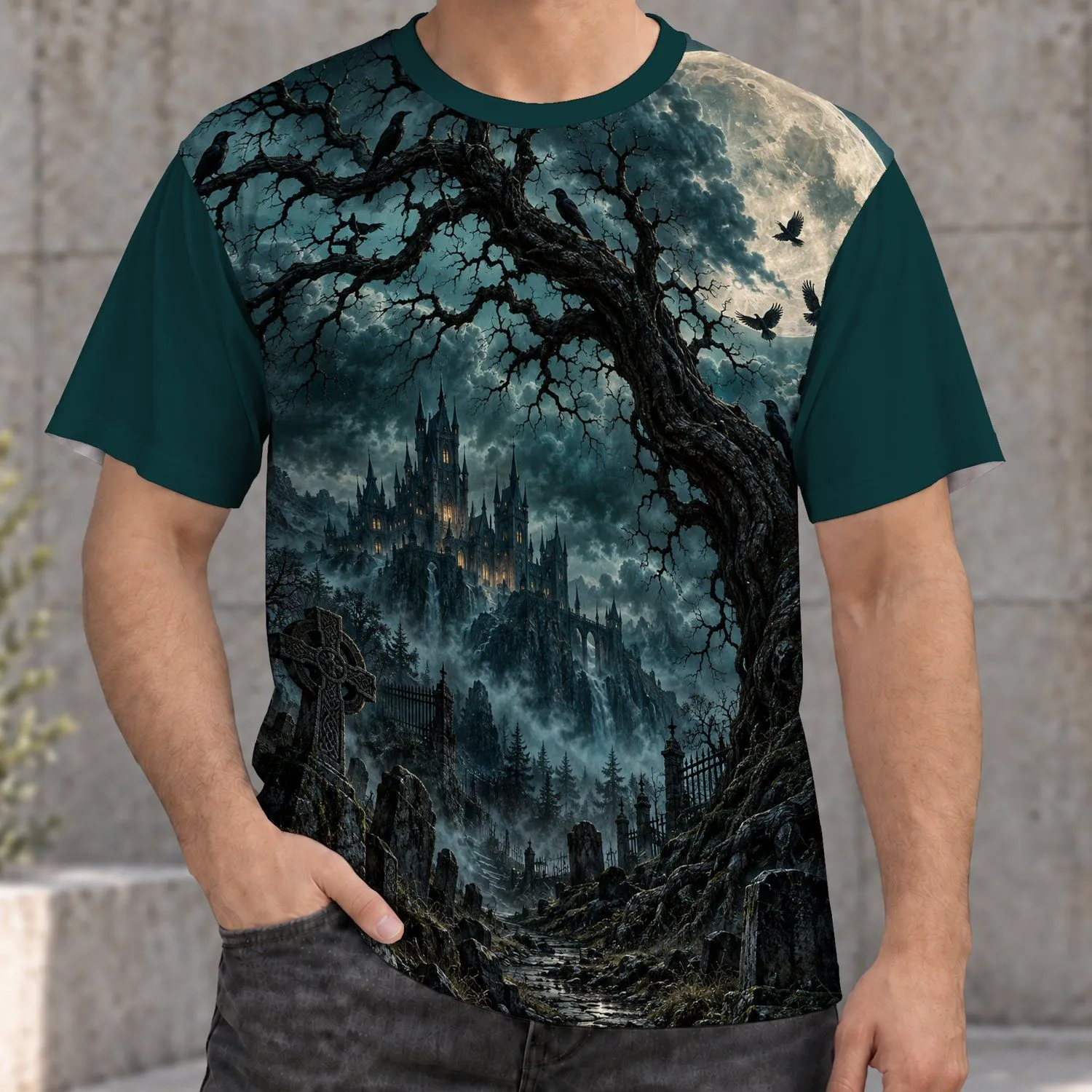 Moonlit Gothic Castle And Raven Scene For Dark Academia Evenings And Witchy Outings All-over Print Unisex T-shirt - 1