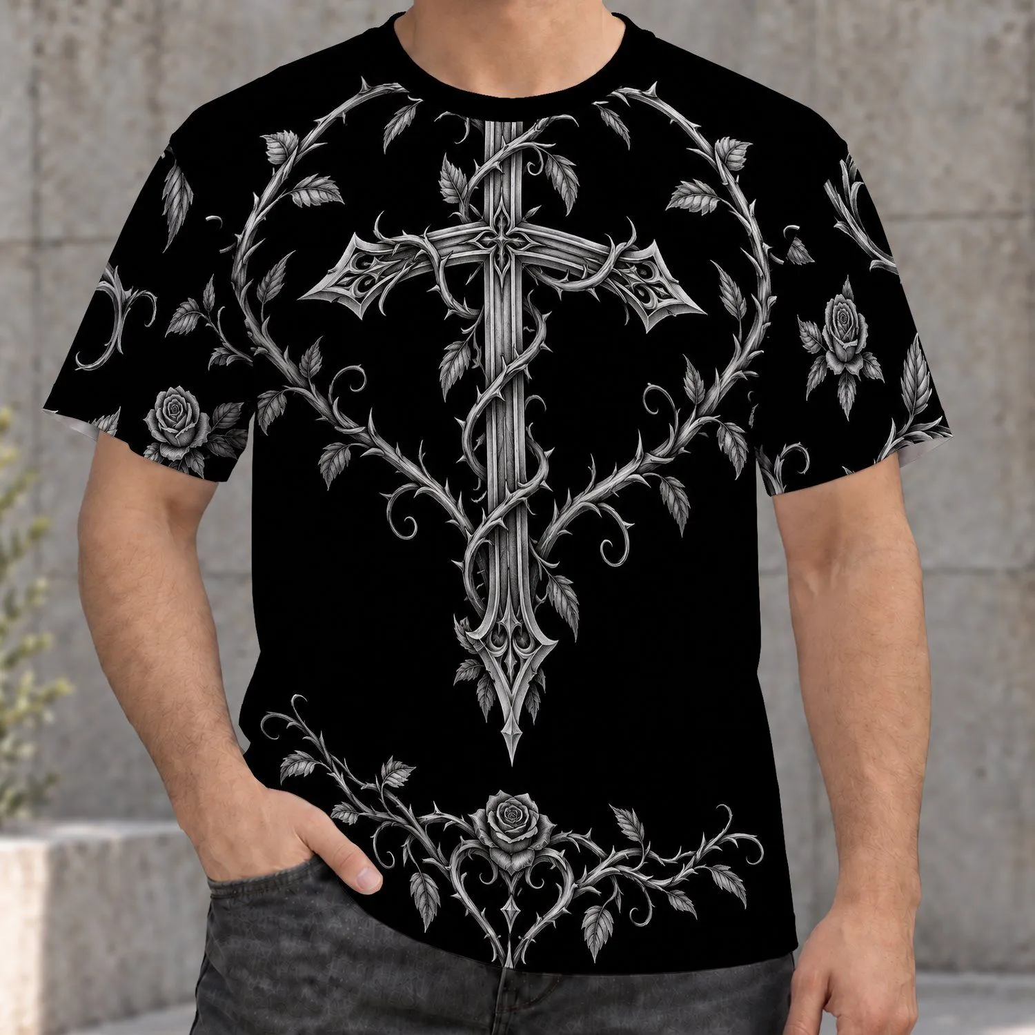 Gothic Thorn Cross and Rose Motif for Dark Alternative Streetwear and Everyday Wear All-over Print Unisex T-shirt - 1