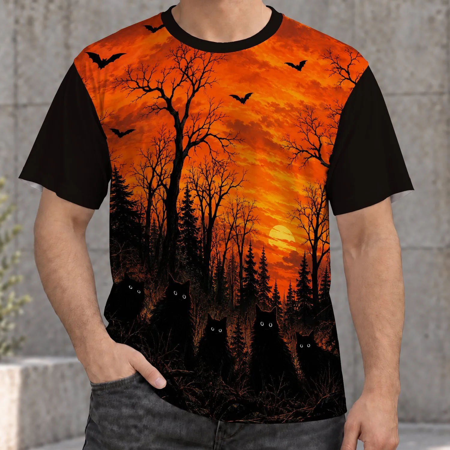 Black Cat Halloween Nightfall Scenes for Spooky October Celebrations and Cat Lovers All-over Print Unisex T-shirt - 1