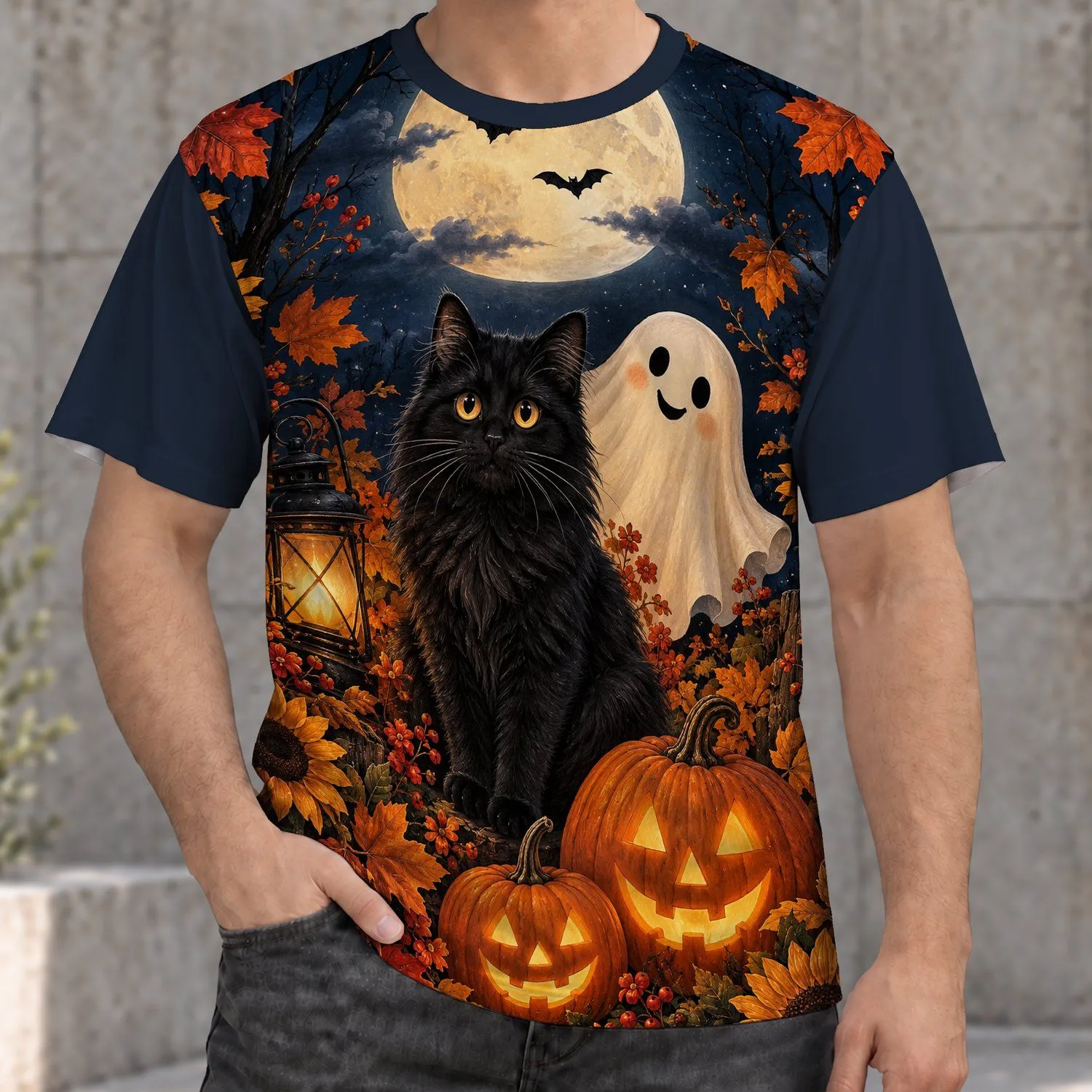 Black Cat, Friendly Ghost and Jack-o'-Lanterns for Halloween and Autumn Celebrations All-over Print Unisex T-shirt - 1