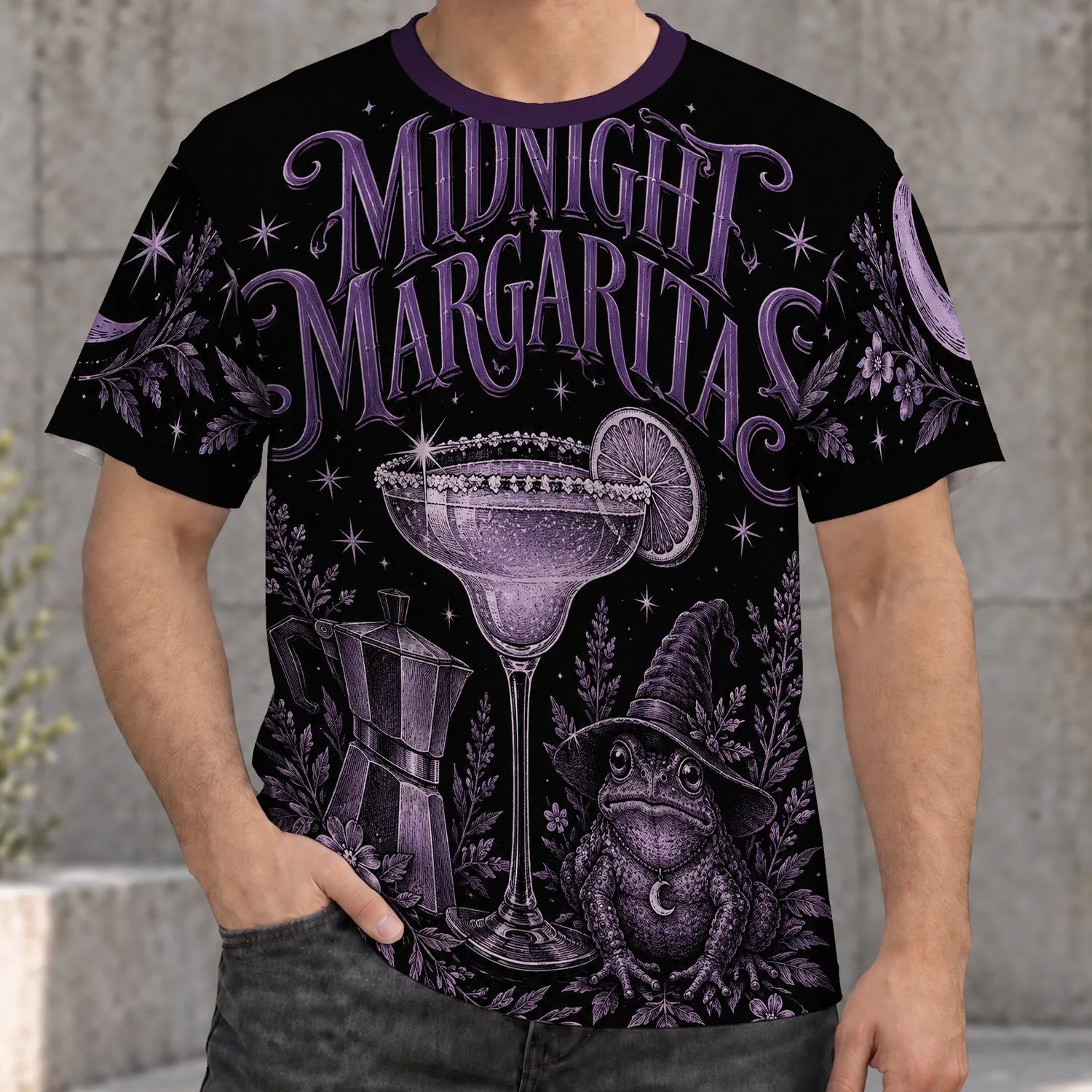 Midnight Margarita Frog Witch and Celestial Florals for Halloween Party Night Lovers All-over Print Unisex T-shirt - 1