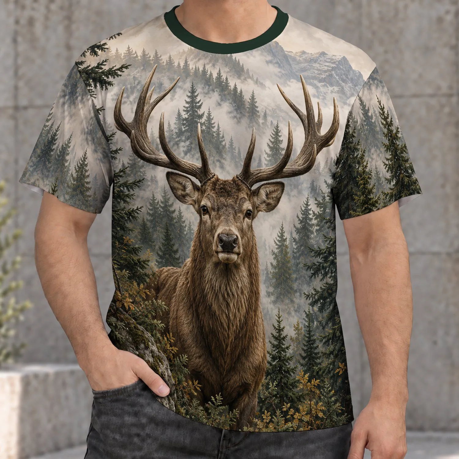 Majestic Antlered Forest Deer And Misty Pines For Nature Lovers And Woodland Trail Days All-over Print Unisex T-shirt - 1