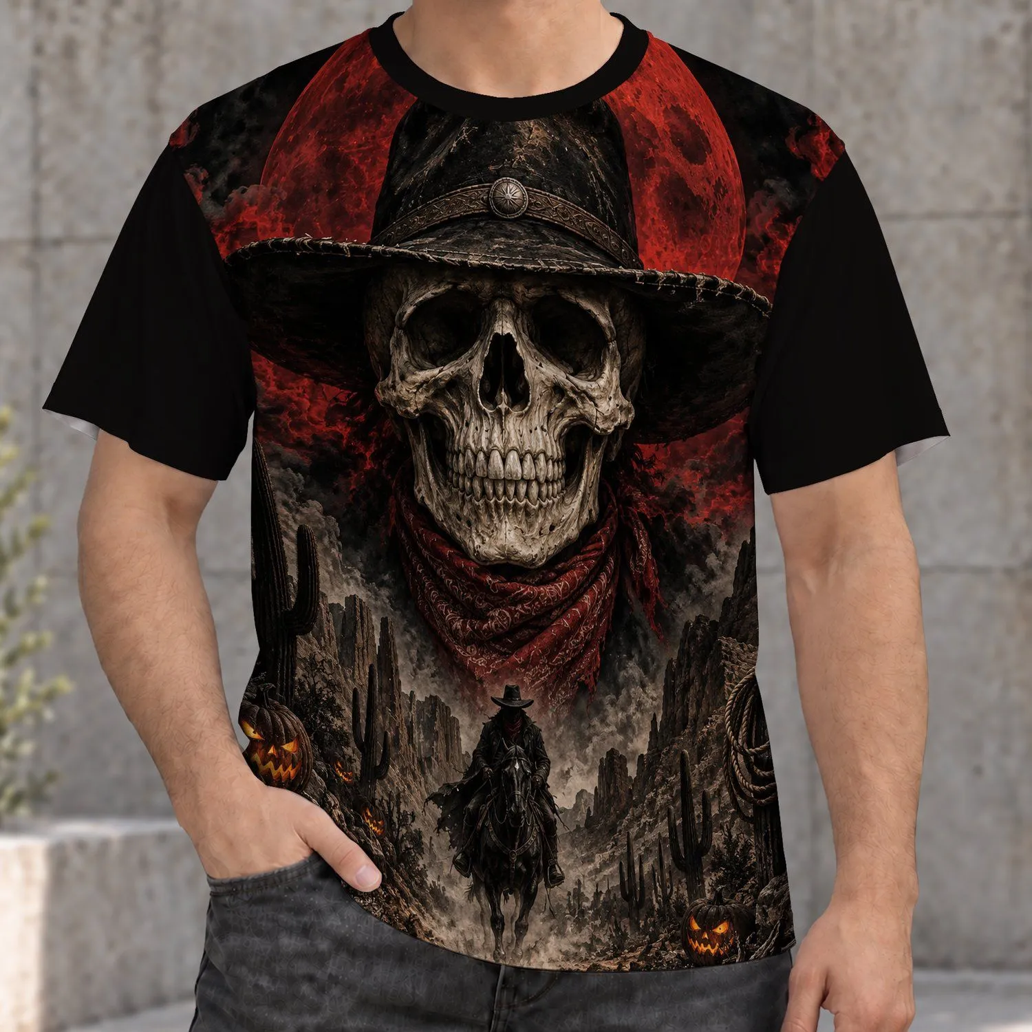 Gothic Cowboy Skull and Crimson Moon for Spooky Western Halloween Nights All-over Print Unisex T-shirt - 1