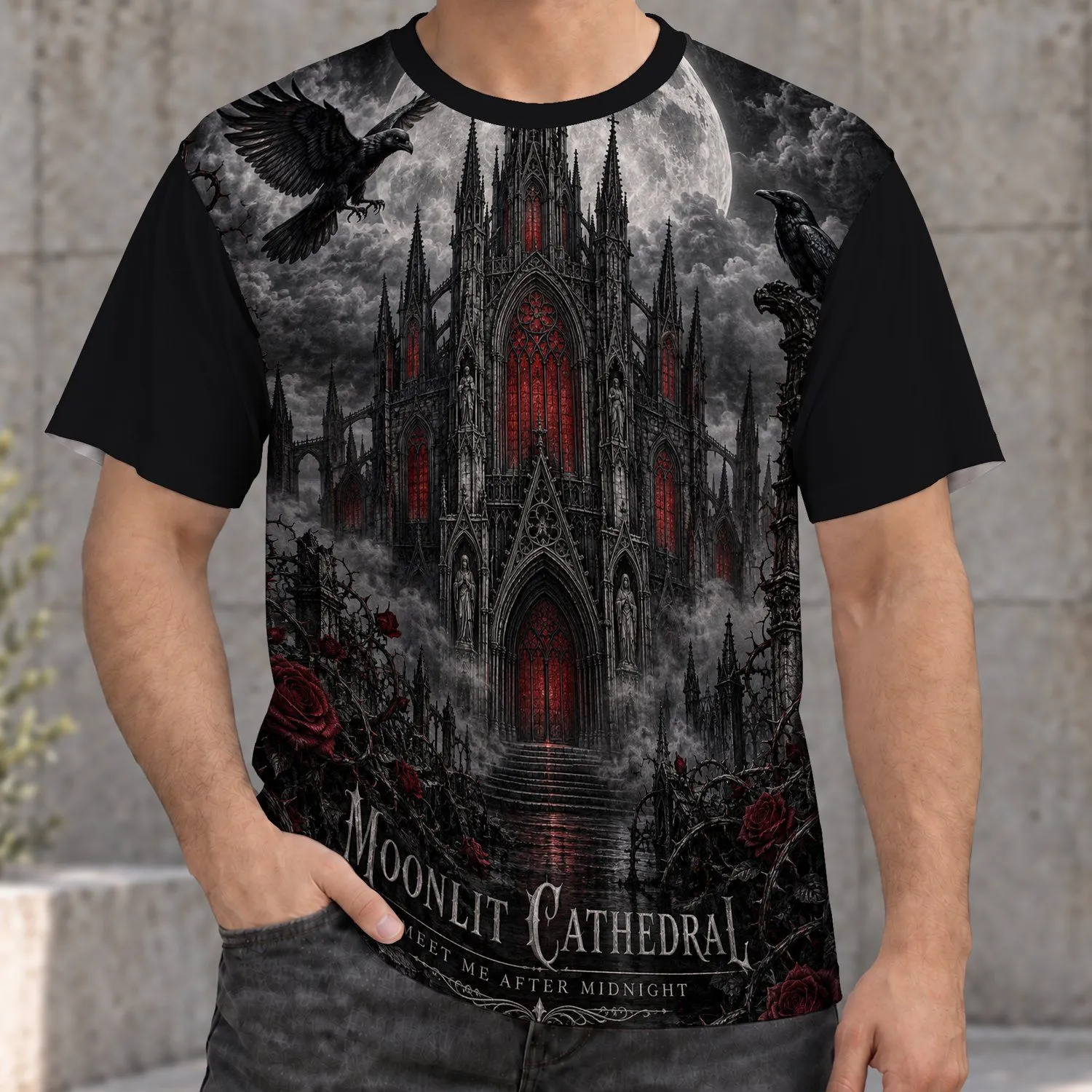 Moonlit Cathedral Raven and Rose Gothic Scene for Halloween Witchy Style Lovers All-over Print Unisex T-shirt - 1