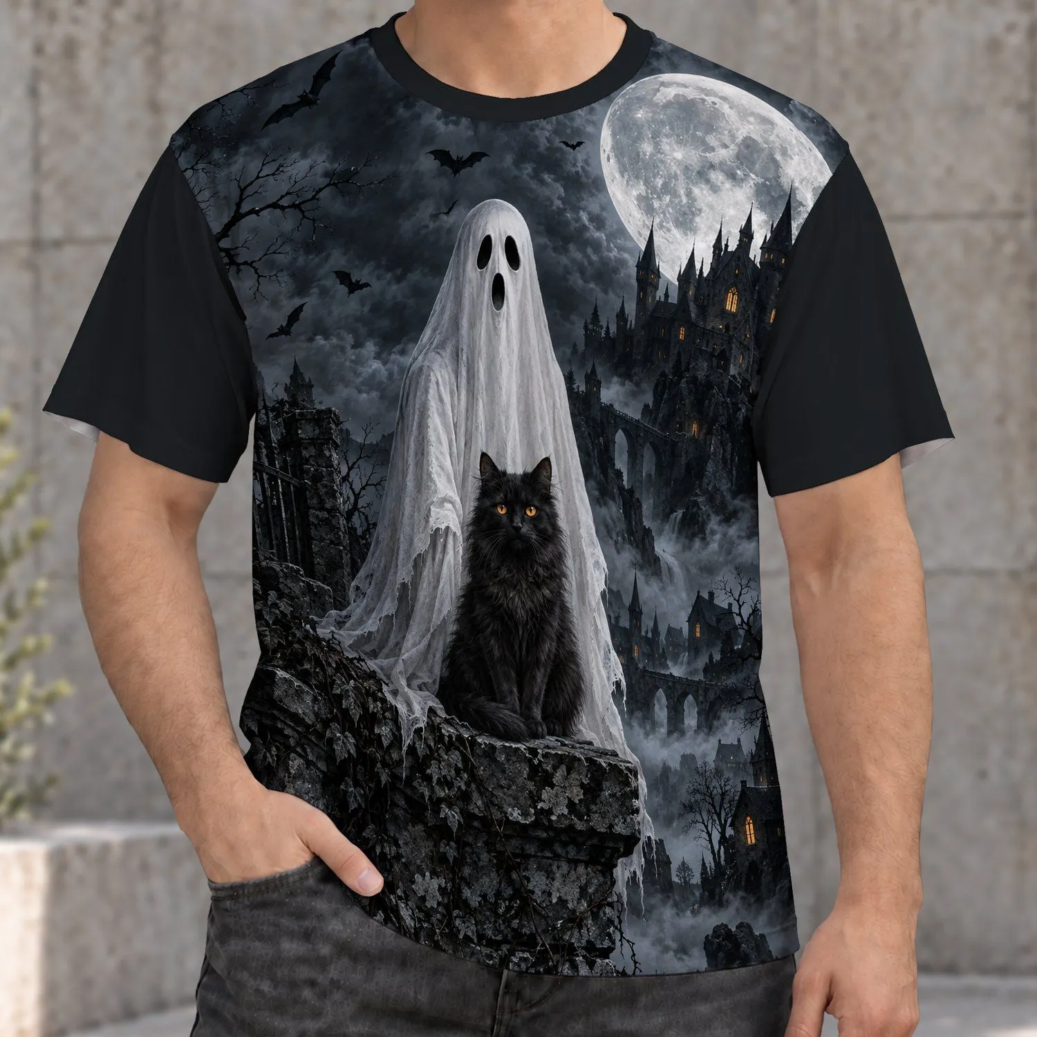 Ghost And Black Cat At Haunted Castle For Halloween Nighttime Enthusiasts All-over Print Unisex T-shirt - 1
