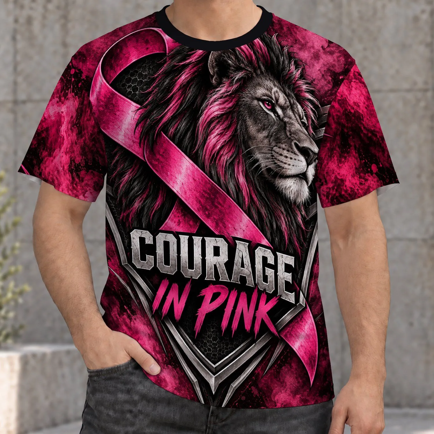 Lion Courage In Pink Breast Cancer Awareness Gift For Supporters And Survivors All-over Print Unisex T-shirt - 1