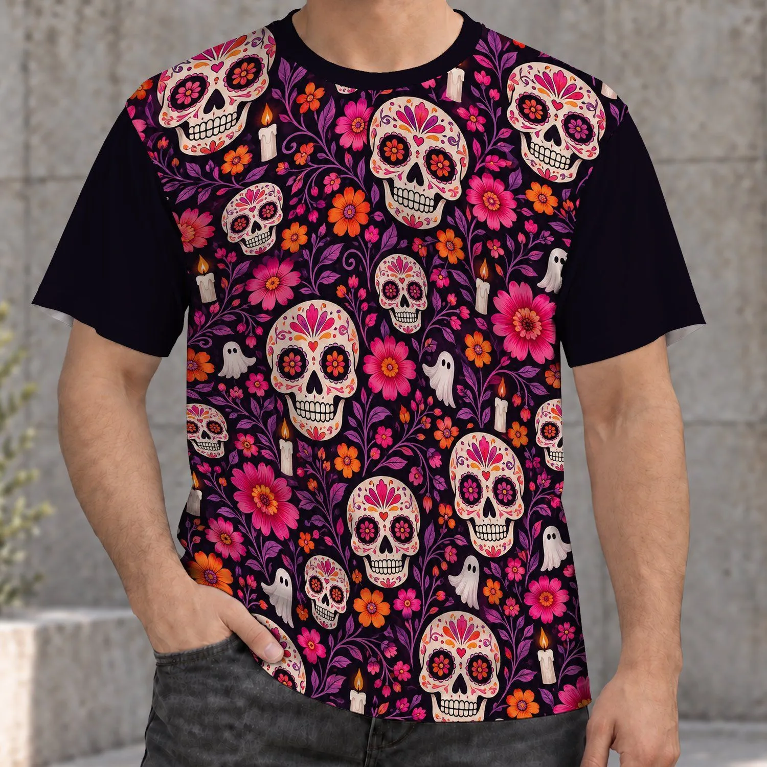 Sugar Skull Flowers for Día de Muertos Celebrations and Everyday Gothic Style All-over Print Unisex T-shirt - 1