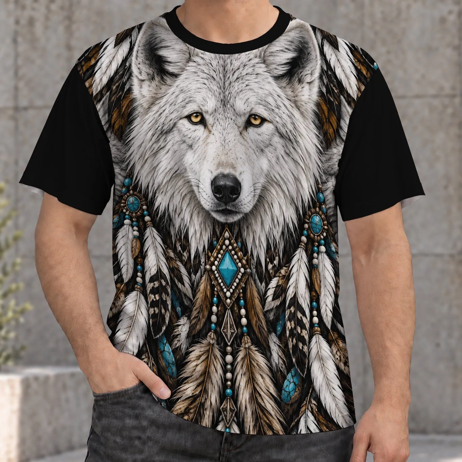 White Wolf Faces and Turquoise Feathers for Nature-Loving Everyday Style All-over Print Unisex T-shirt - 1