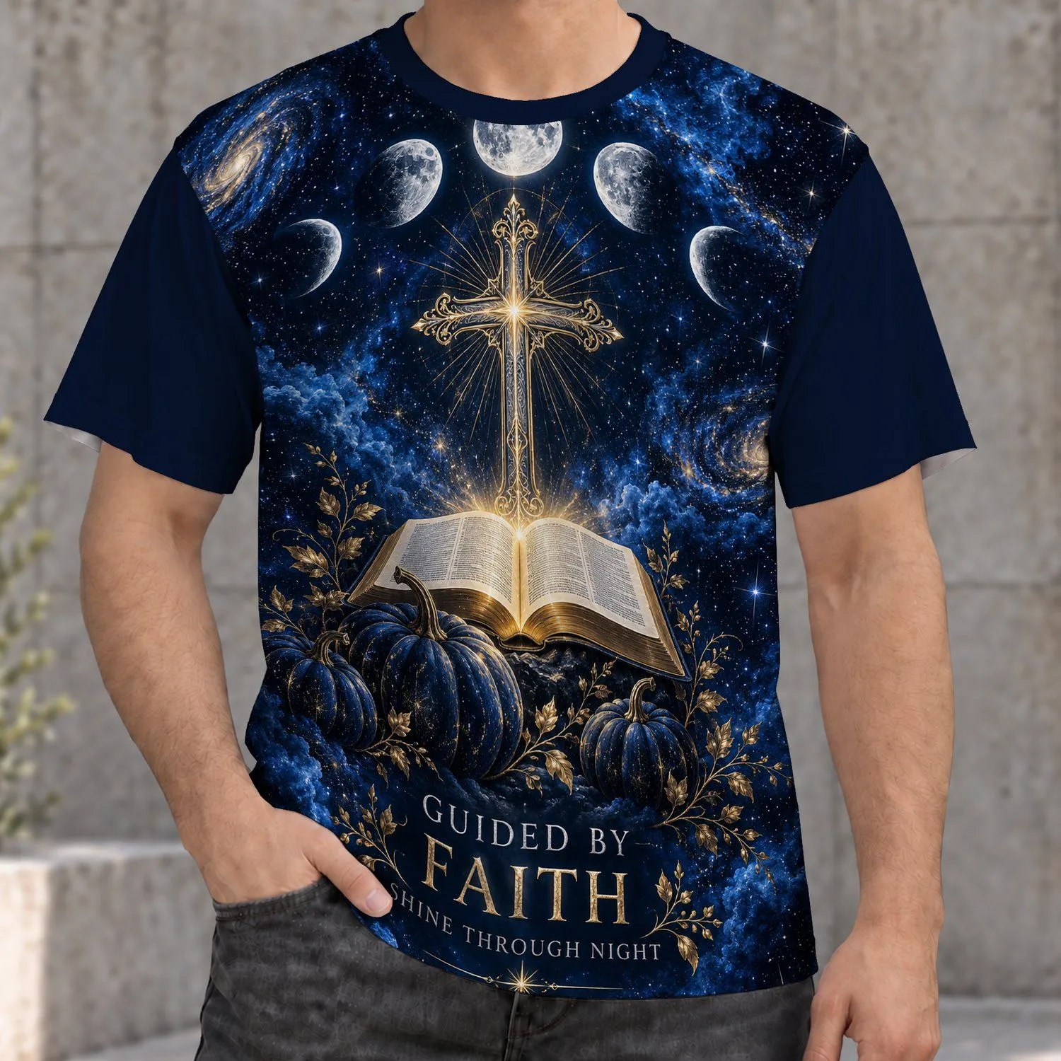 Faith Cross Bible Moon And Pumpkin Night Sky For Christian Halloween Devotion Gift All-over Print Unisex T-shirt - 1